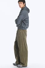 Khaki Green - Pleated Corduroy Baggy Trousers - 2