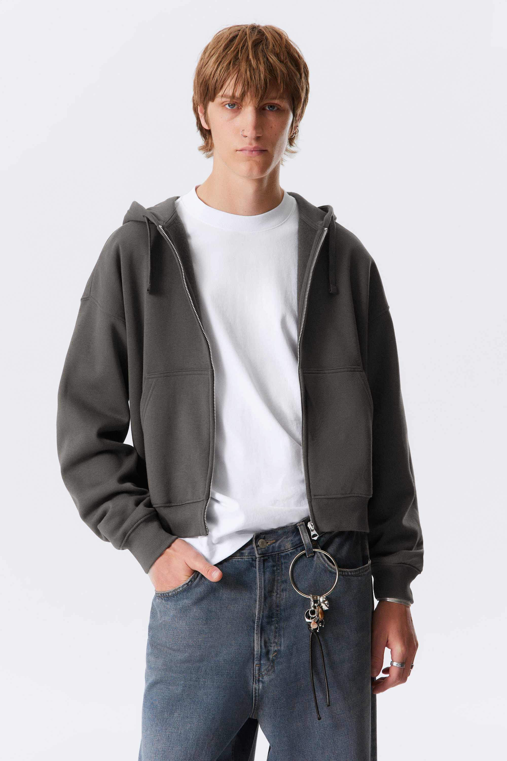 Grey - Boxy Midweight Zip Hoodie - 1