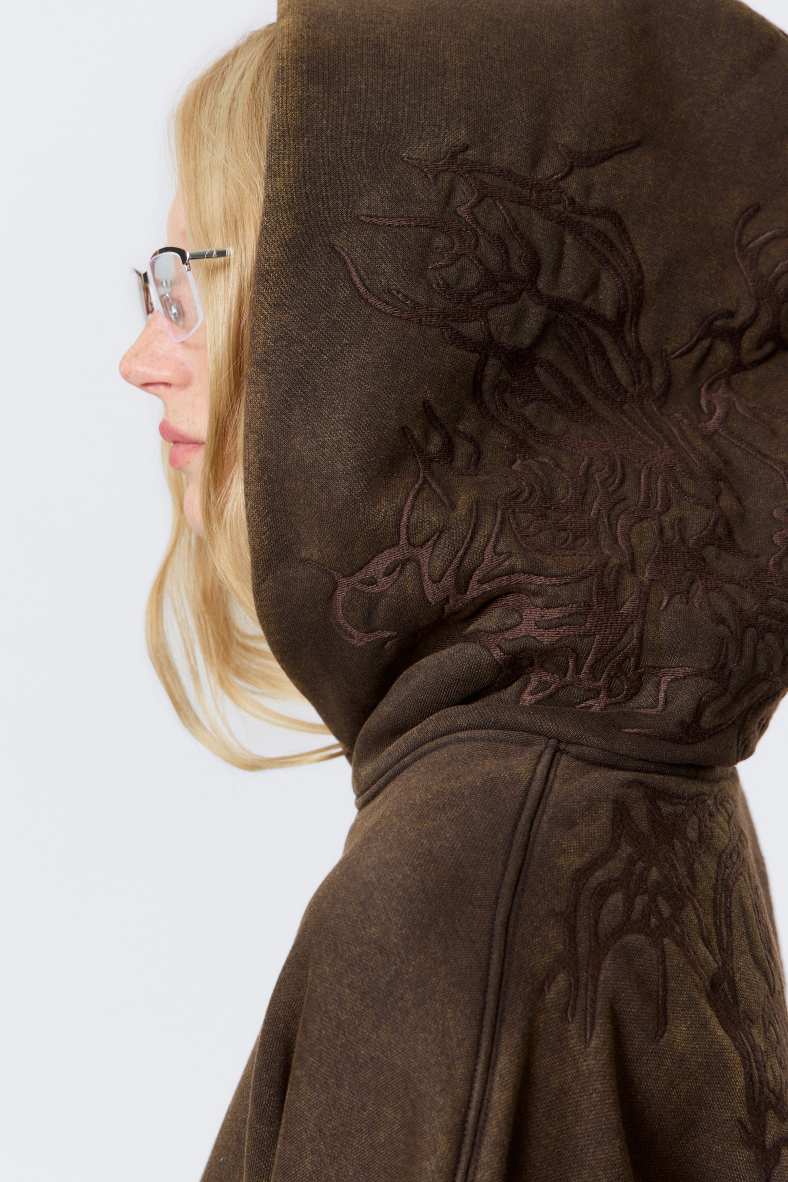 Embroidered Oversized Heavy Hoodie - Dark Brown - 4