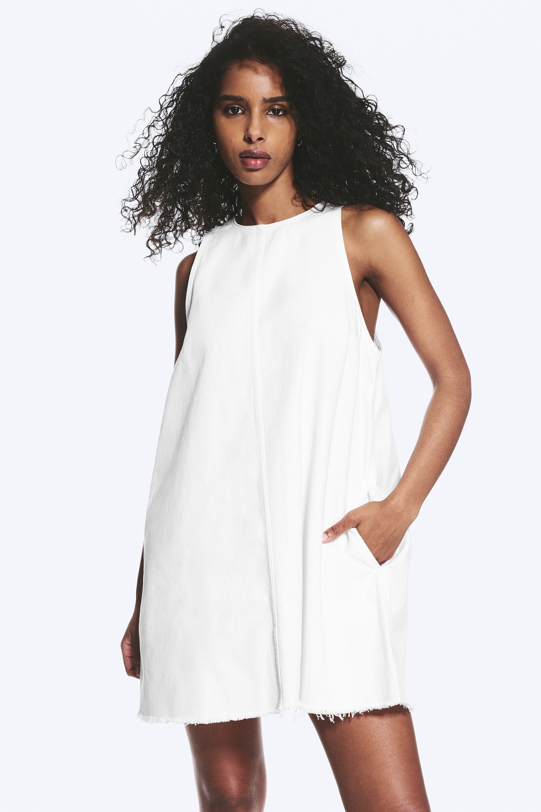 White - Sleeveless Cotton Twill Mini Dress - 2