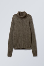 Dark Mole Melange - Loose Knitted Turtleneck Sweater - 0