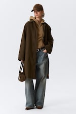 Dark Khaki Green - Oversized Canvas Car Coat - 0