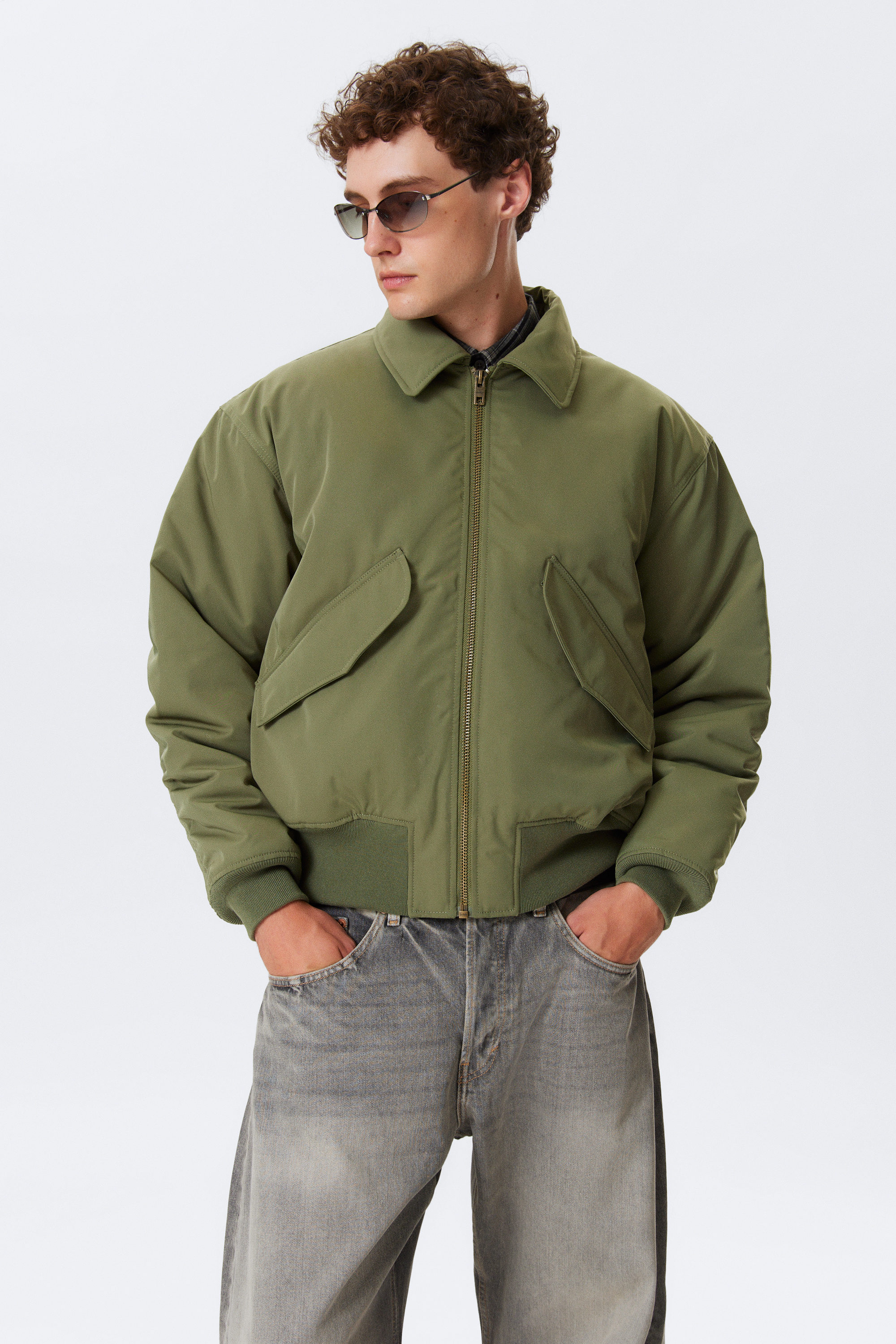 Dusty Olive Green - Padded Twill Bomber Jacket - 2