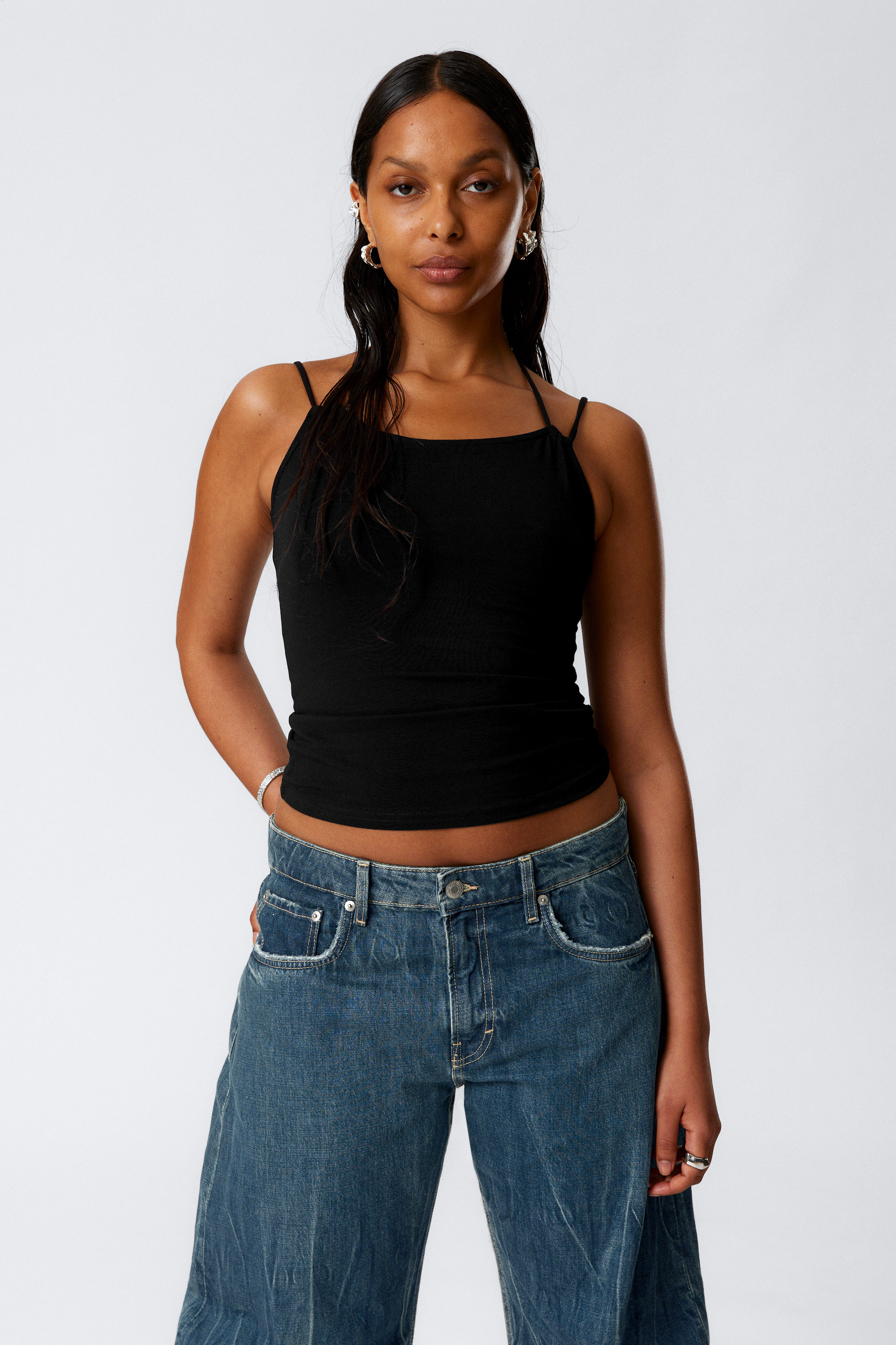 Black - Slim Fit Halterneck Strap Top - 1