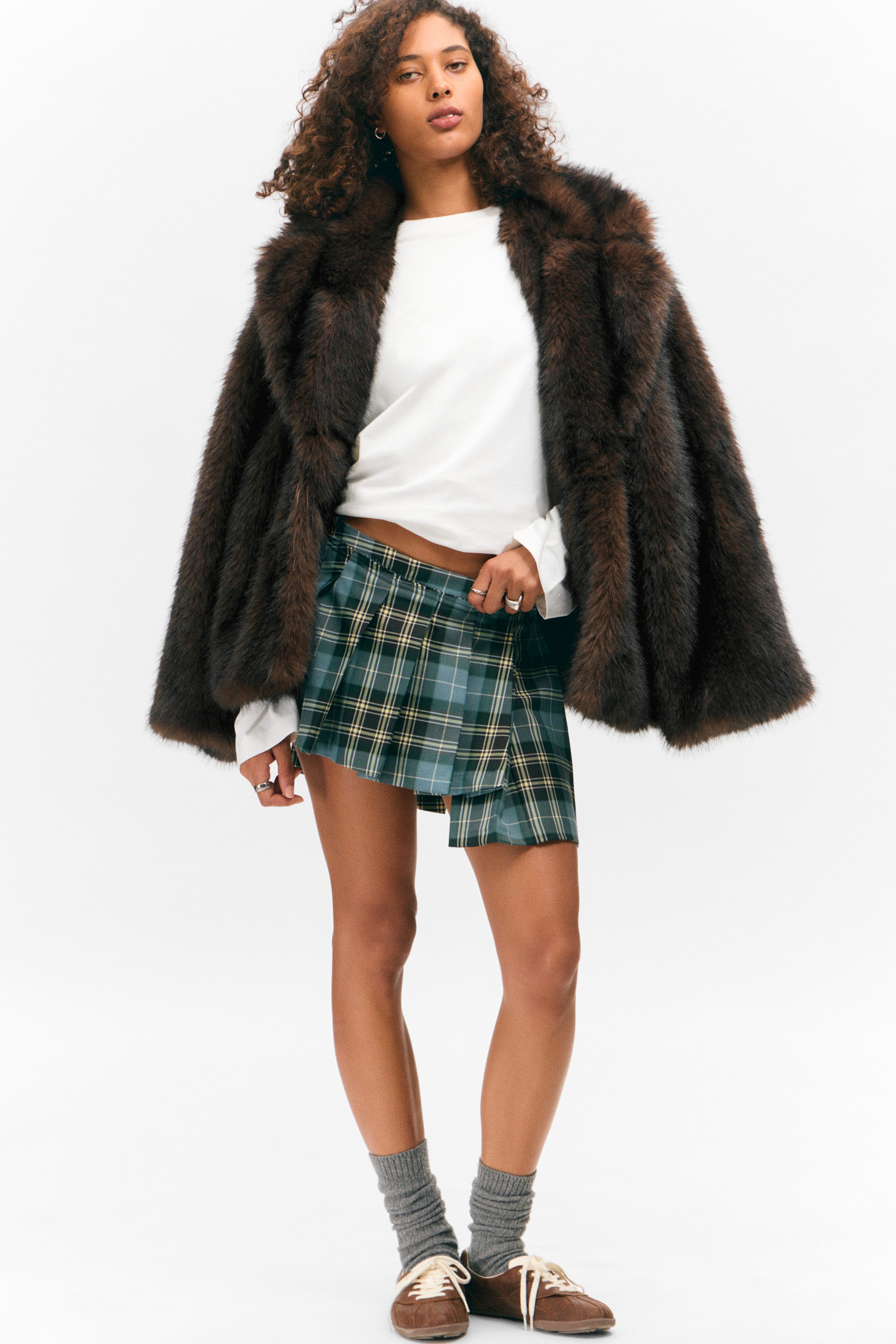 Dusty Dark Green Check - Asymmetric Pleated Wrap Mini Skirt - 1