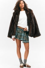 Dusty Dark Green Check - Asymmetric Pleated Wrap Mini Skirt - 0