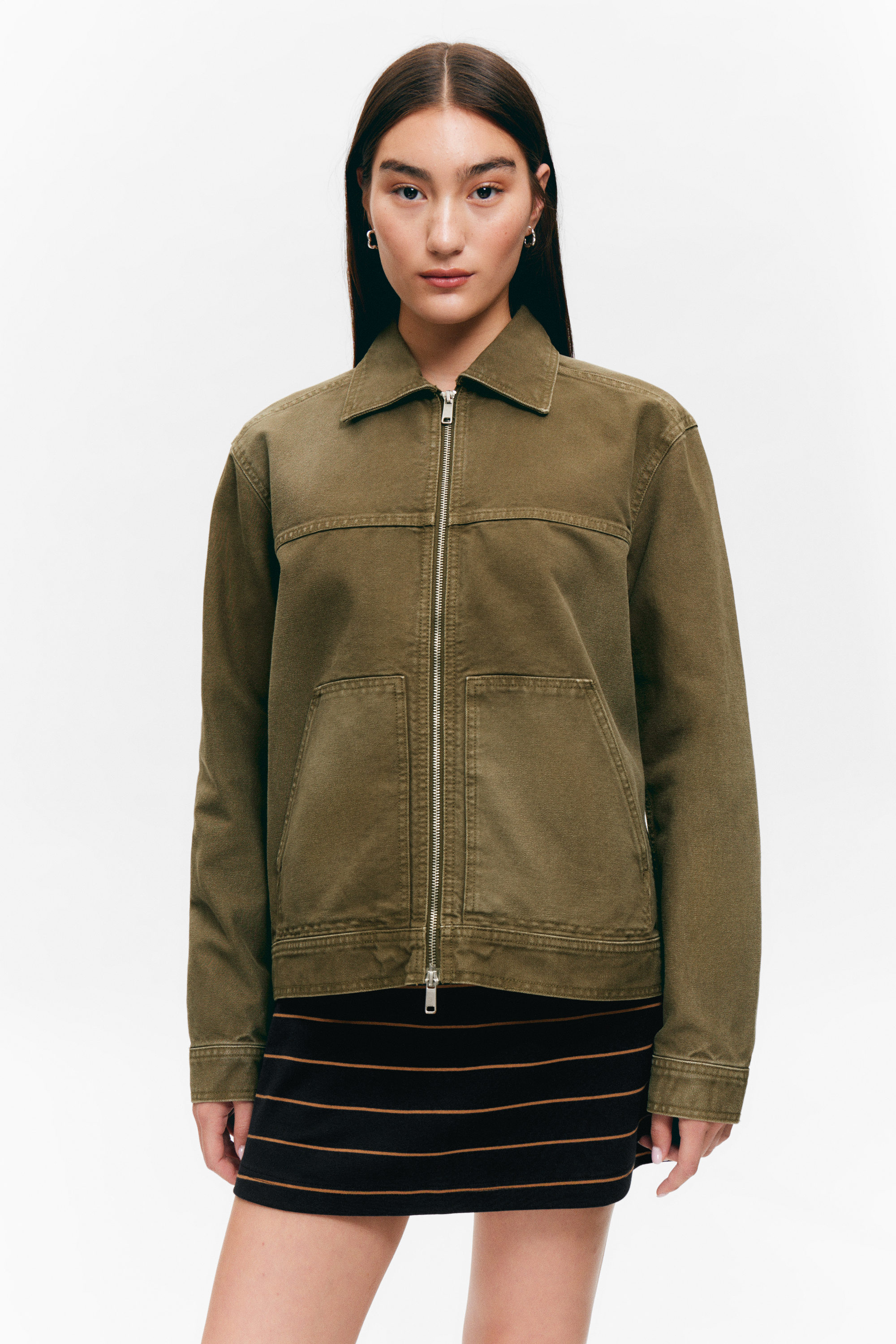 Dunkles Khakigrün - Oxford-Jacke mit Zwei-Wege-Reißverschluss - 4