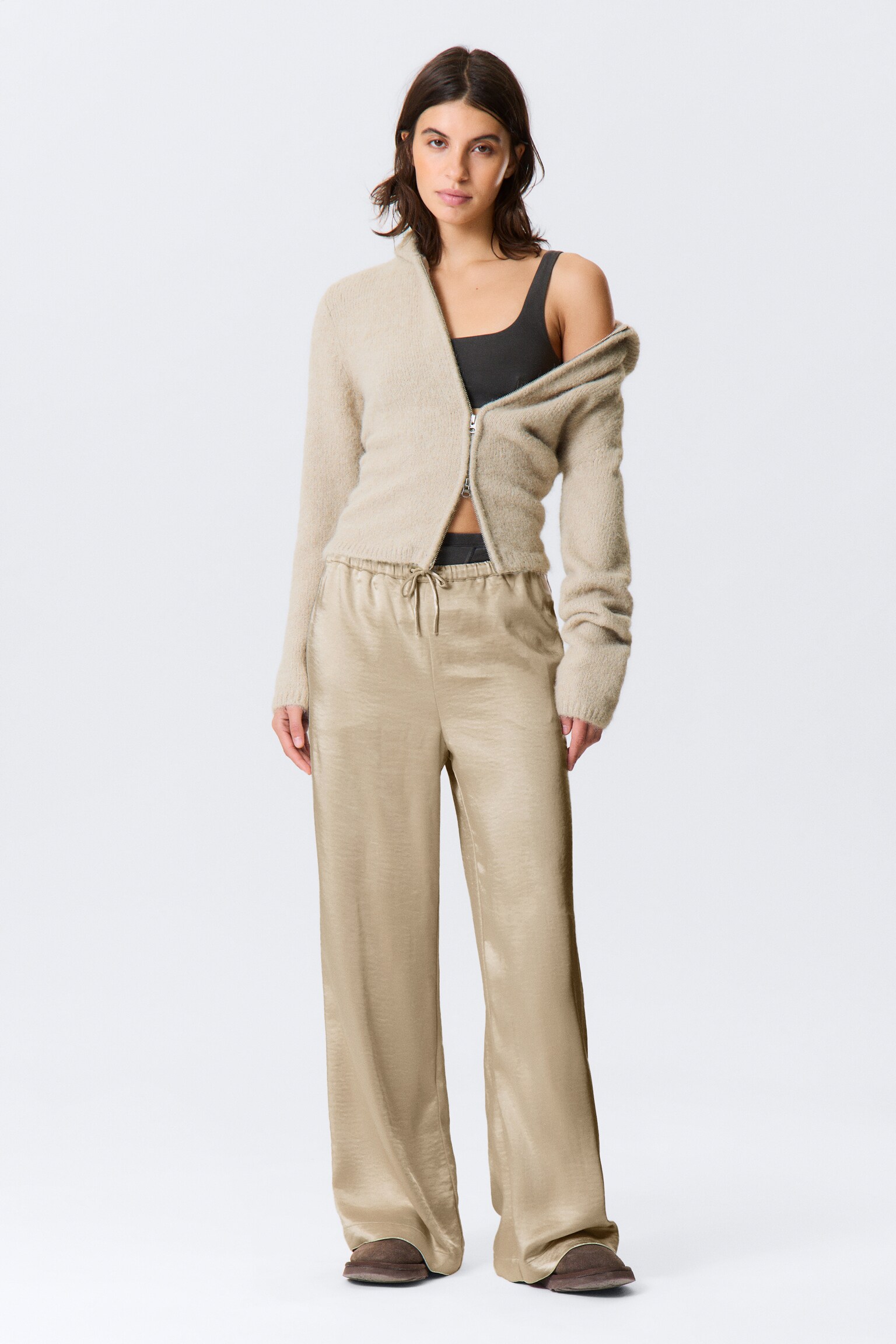 Pantalon de pyjama en satin délavé - Beige/Gris foncé délavé - 4