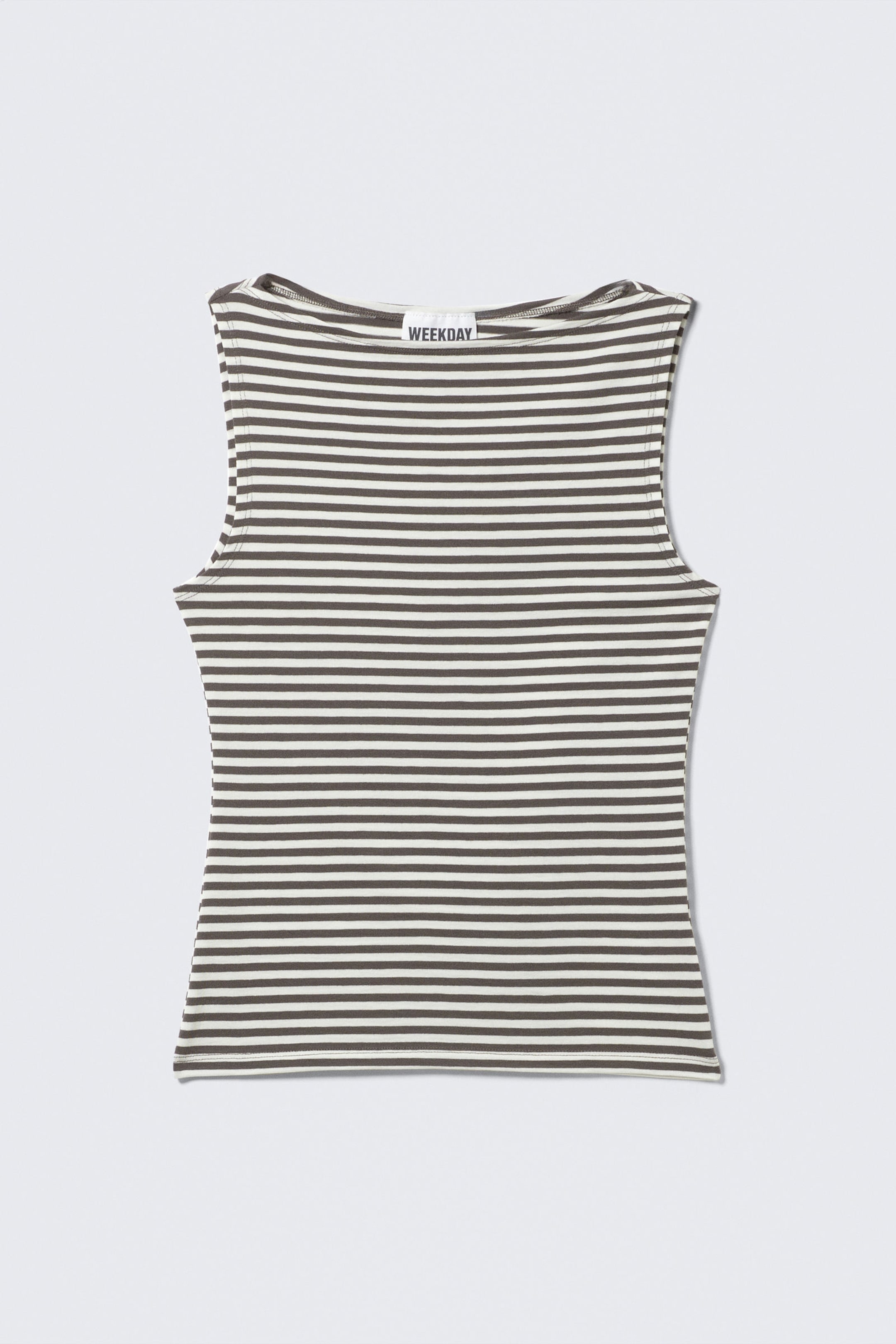 Grey & White Stripes - Annie Striped Sleeveless Boat-Neck Top - 3