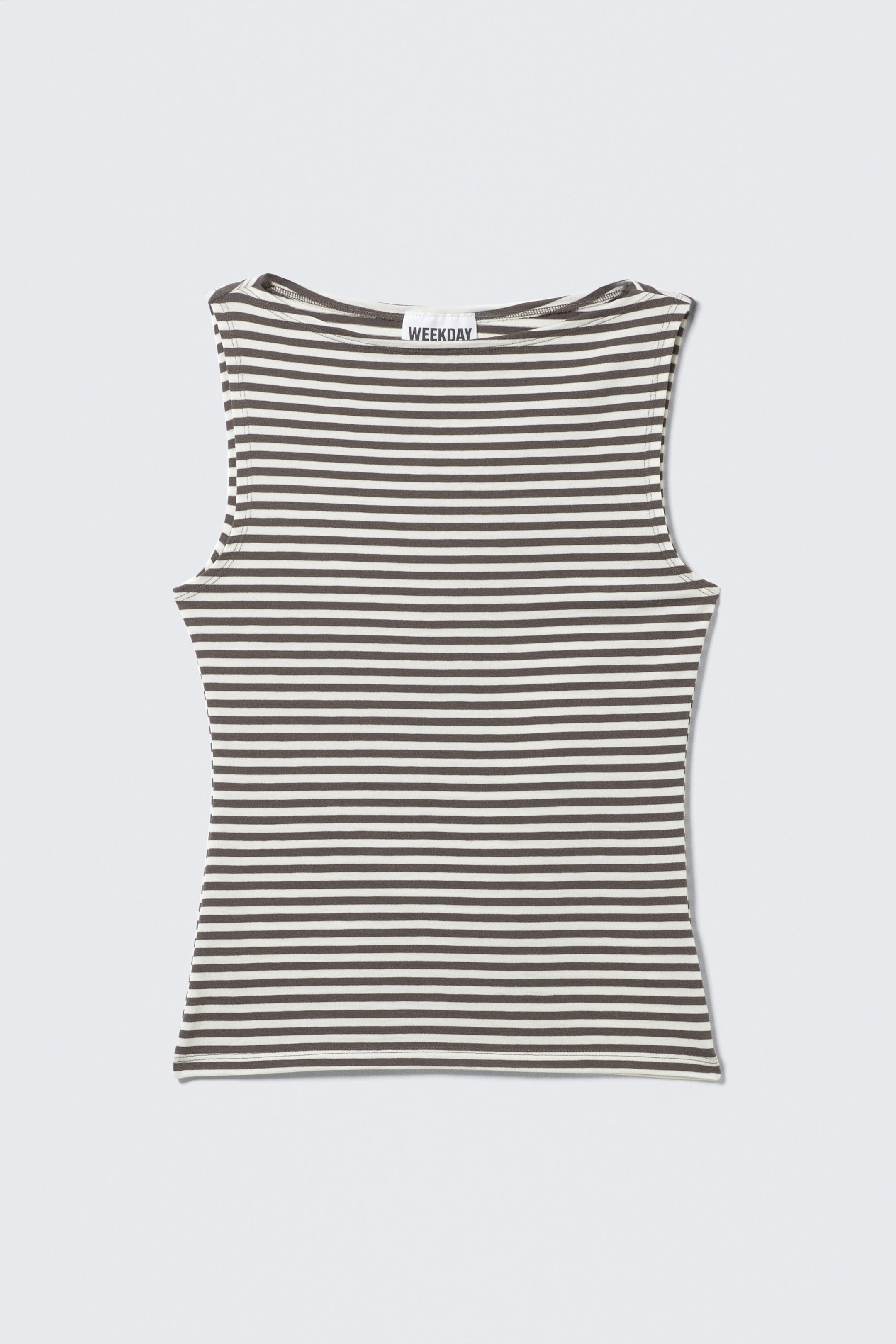 Grey & White Stripes - Annie Striped Sleeveless Boat-Neck Top - 3
