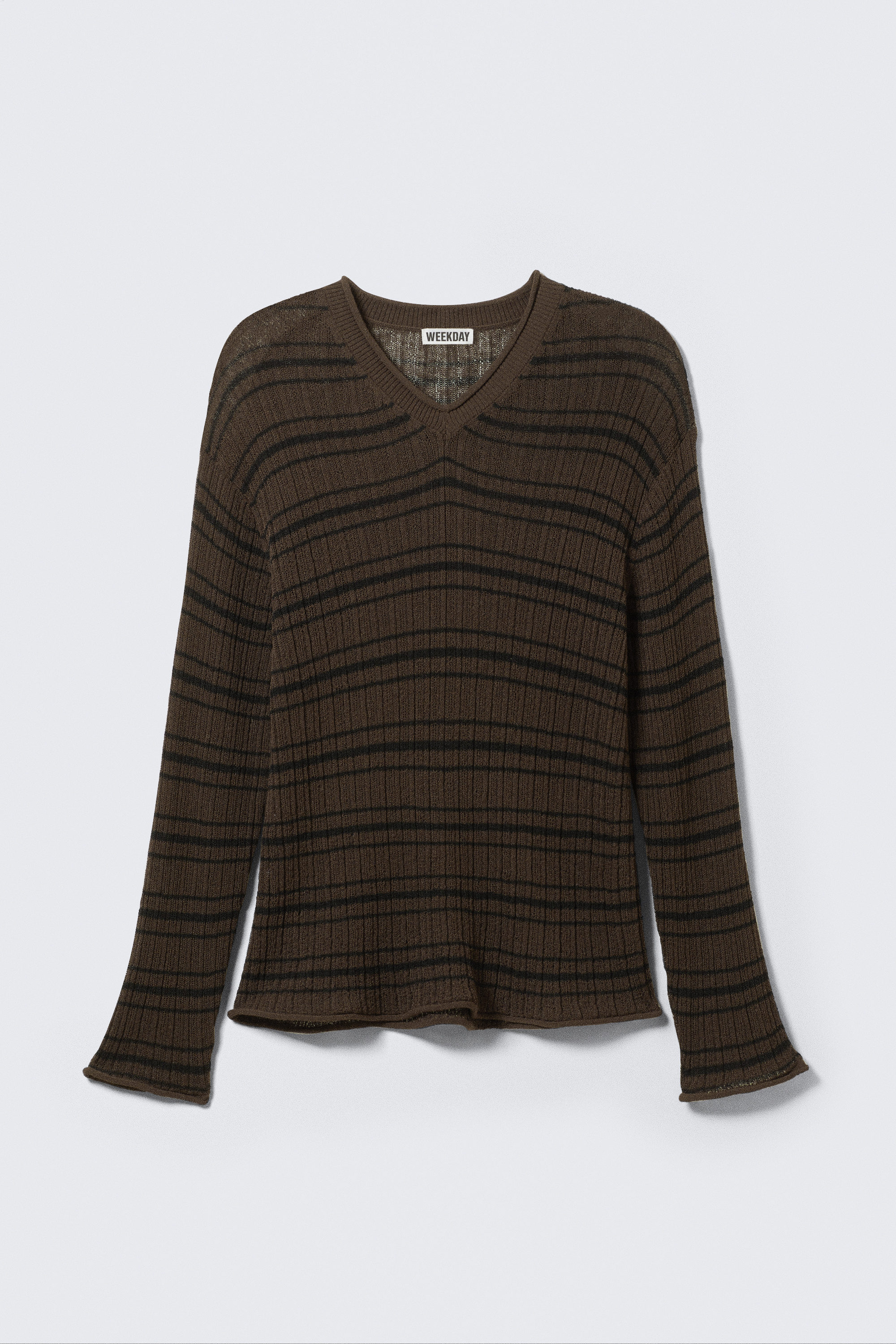 Striped Dark Brown - Relaxed Knitted V-neck Sweater - 4