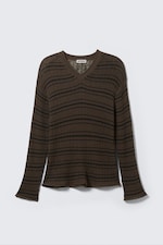 Striped Dark Brown - Relaxed Knitted V-neck Sweater - 0