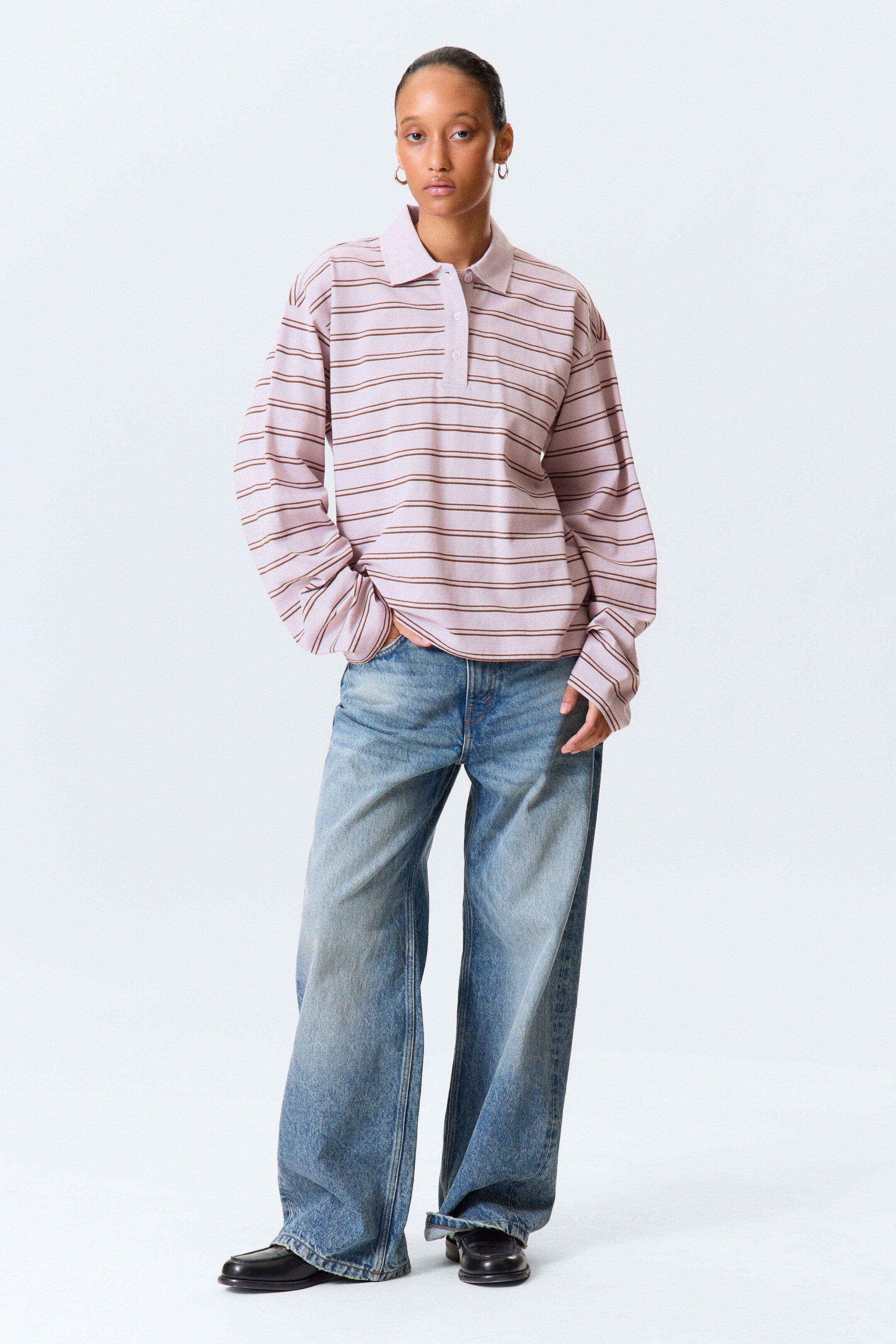 Ingrandisci l'immagine: Long-Sleeved Cotton Polo Top - Striped Dusty Lilac - DONNA | H&M CH 2