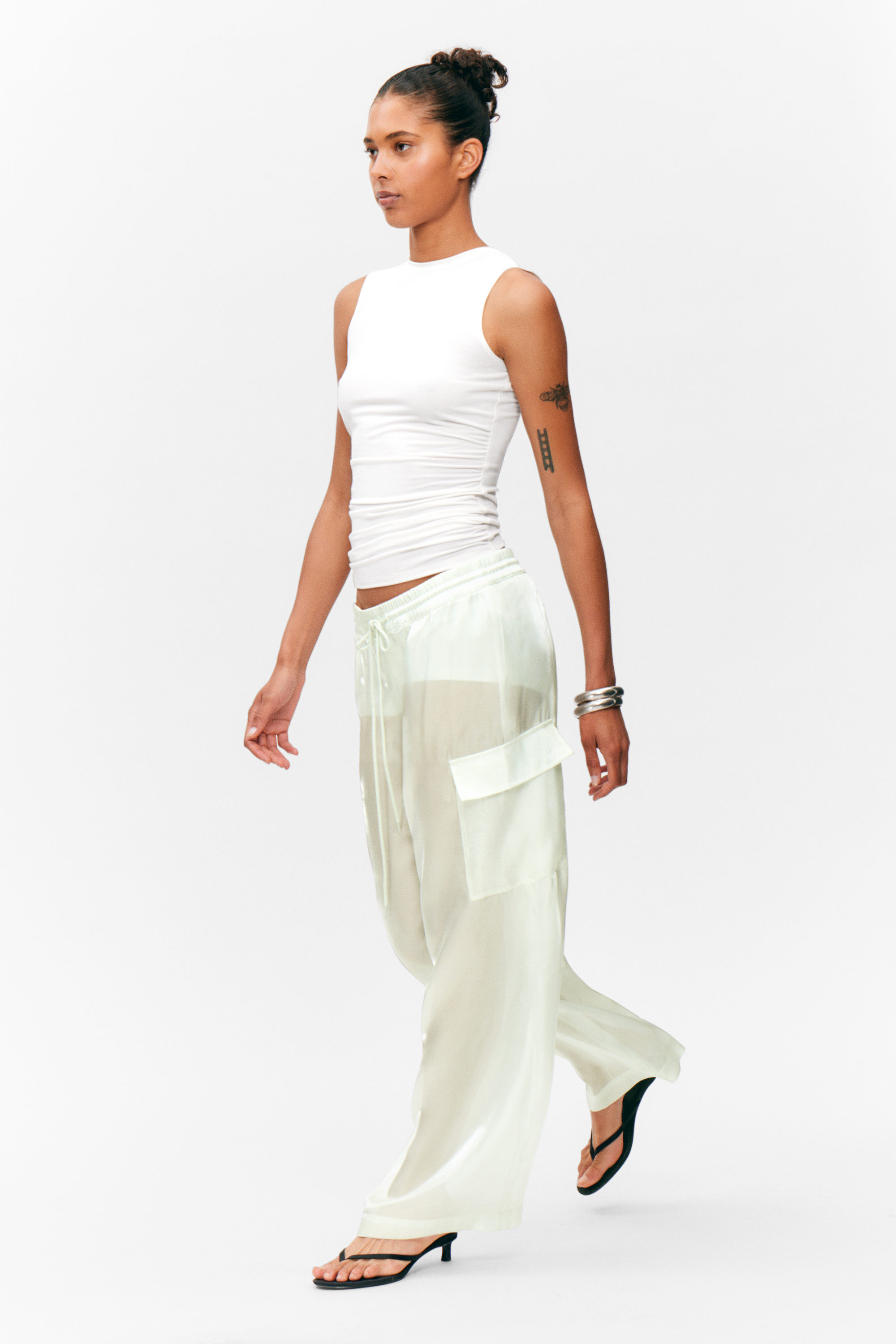Light Mint - Sheer Drawstring Wide Leg Trousers - 2