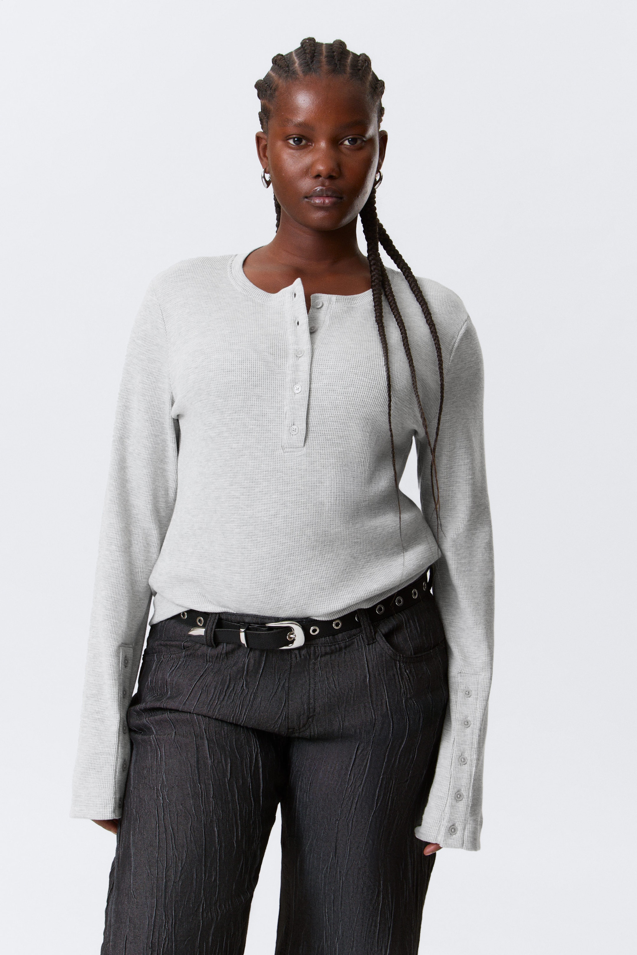 Grey Melange - Waffled Long-Sleeved Henley Top - 1