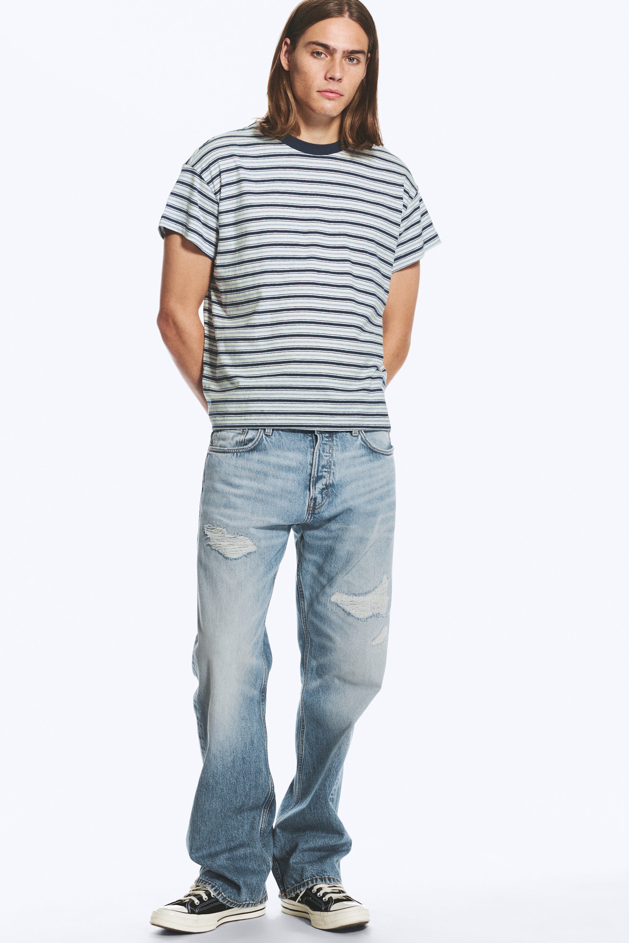 Striped Blue - Cap-Sleeved Boxy Cotton T-shirt - 2