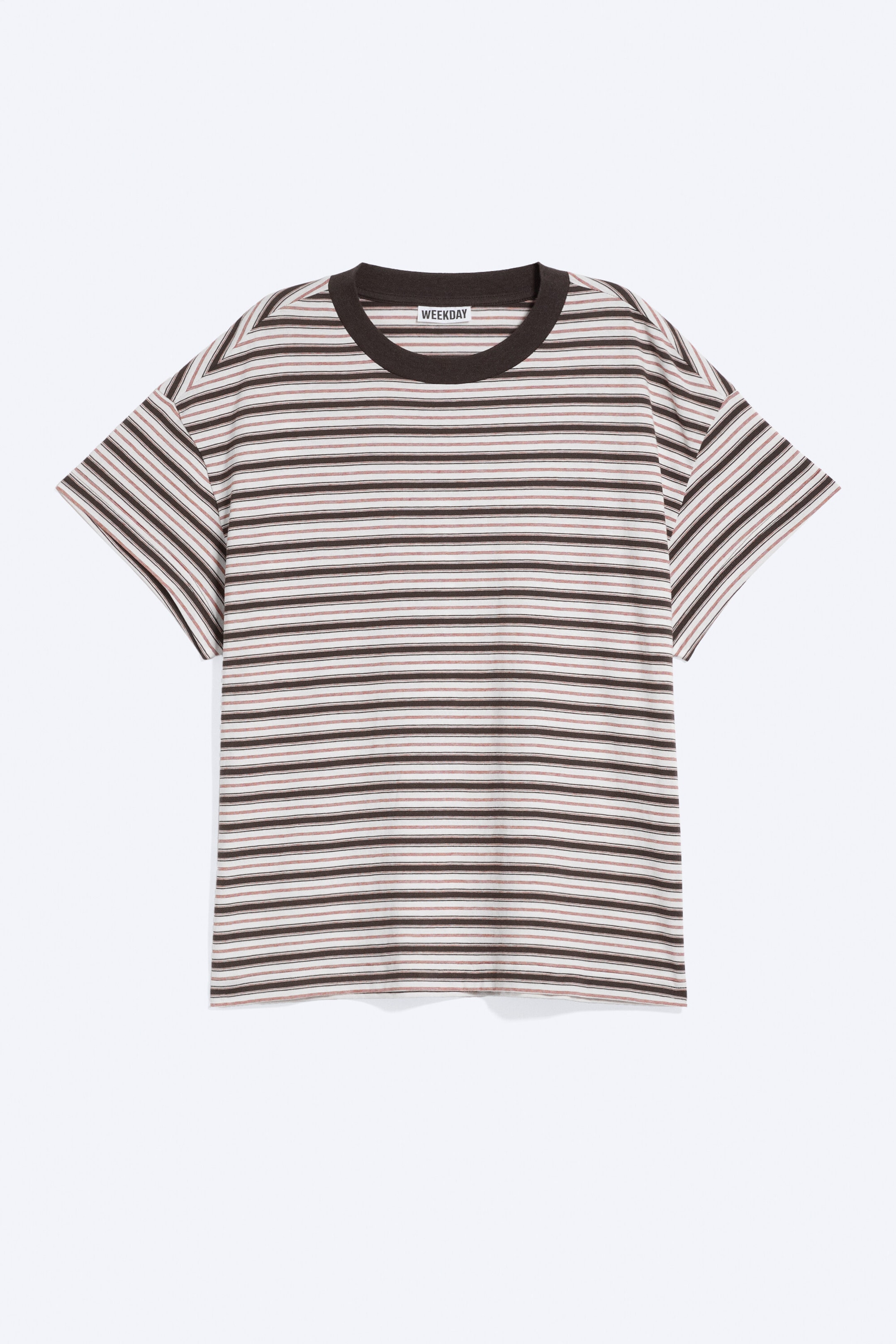 Striped Brown/White/Orange - Cap-Sleeved Boxy Cotton T-shirt - 0