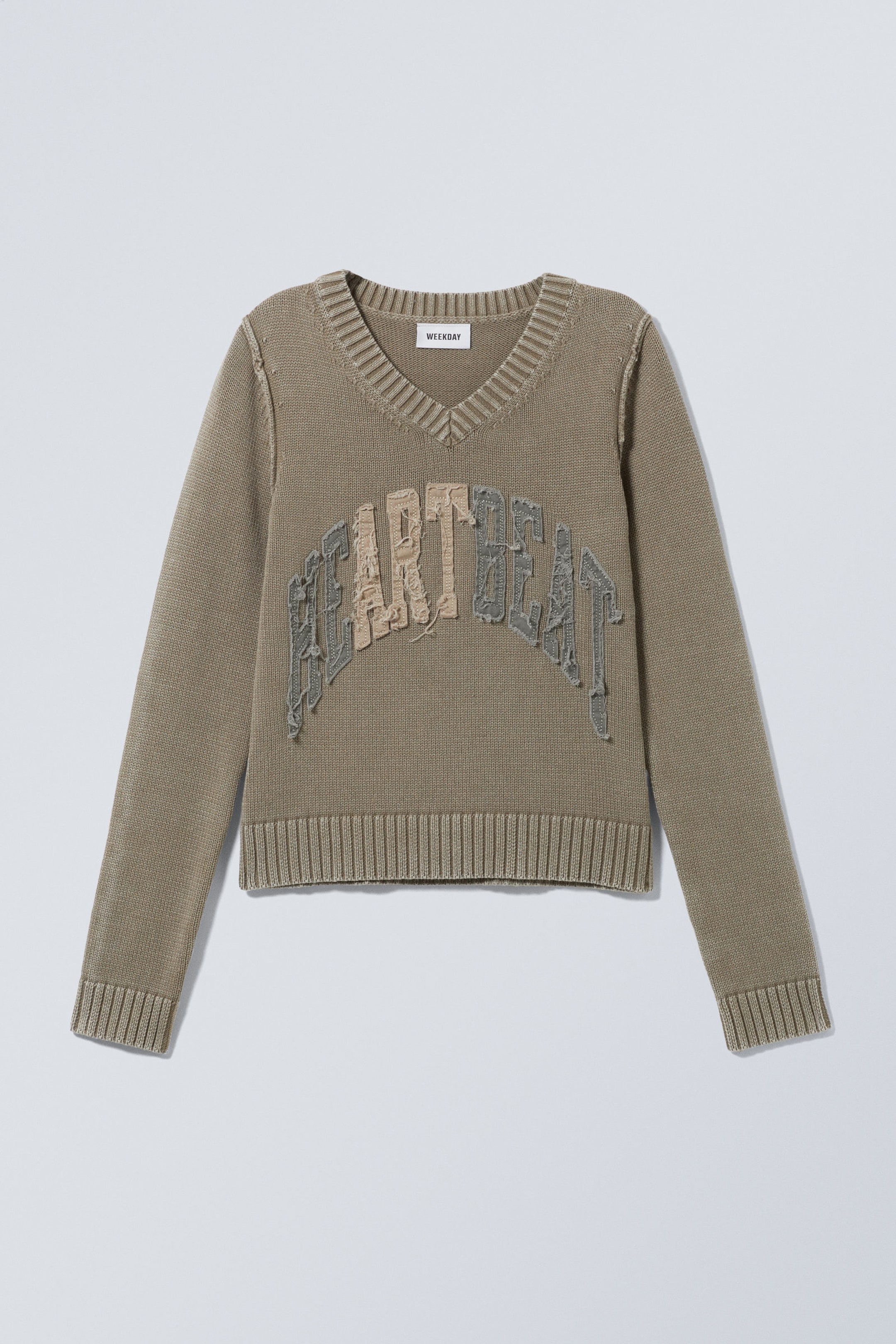 Washed Beige - Heartbeat - Knitted Patch-Print Cotton Sweater - 1