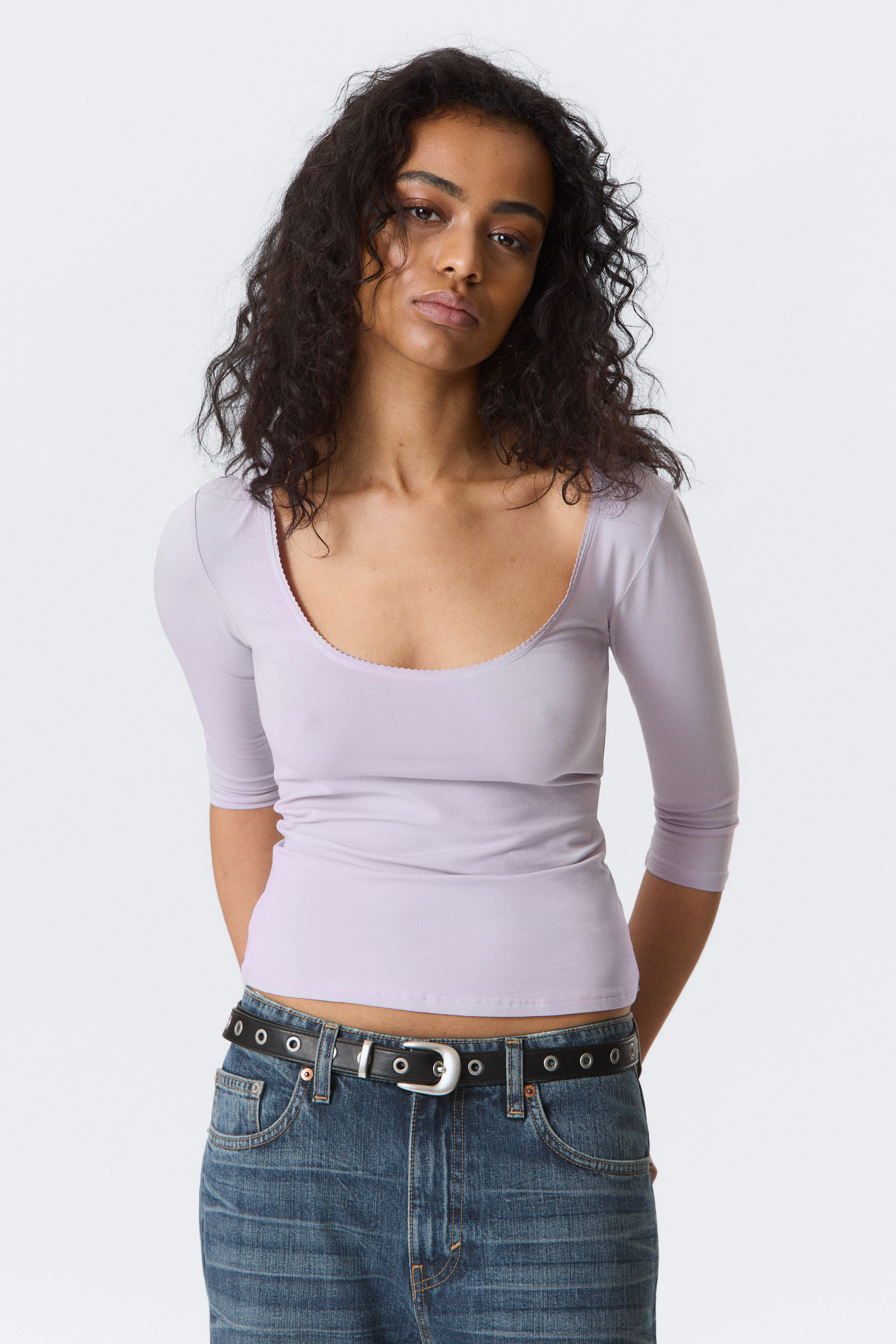 Light Lilac - Fitted Three-Quarter Sleeve Top - 1