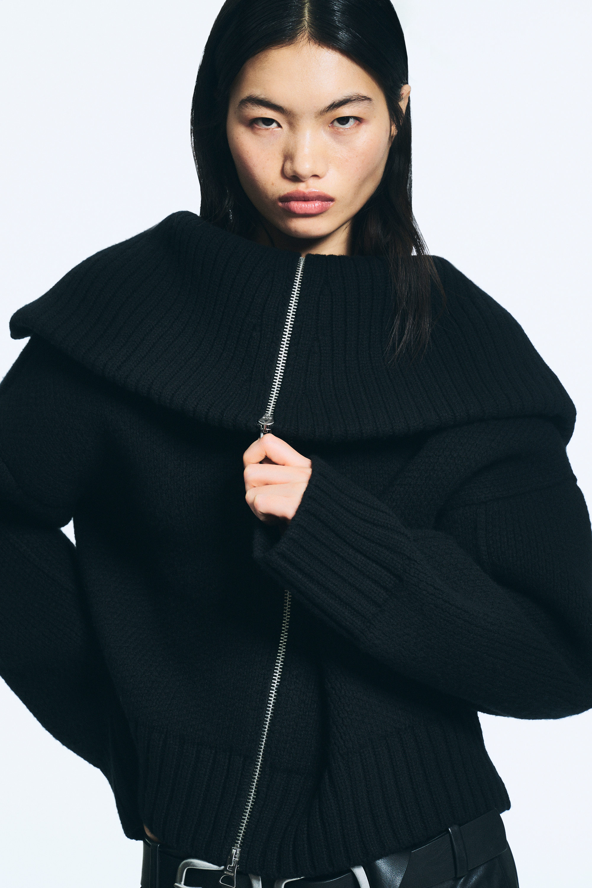Black - Knitted Funnel Neck Dual Zip Sweater - 3