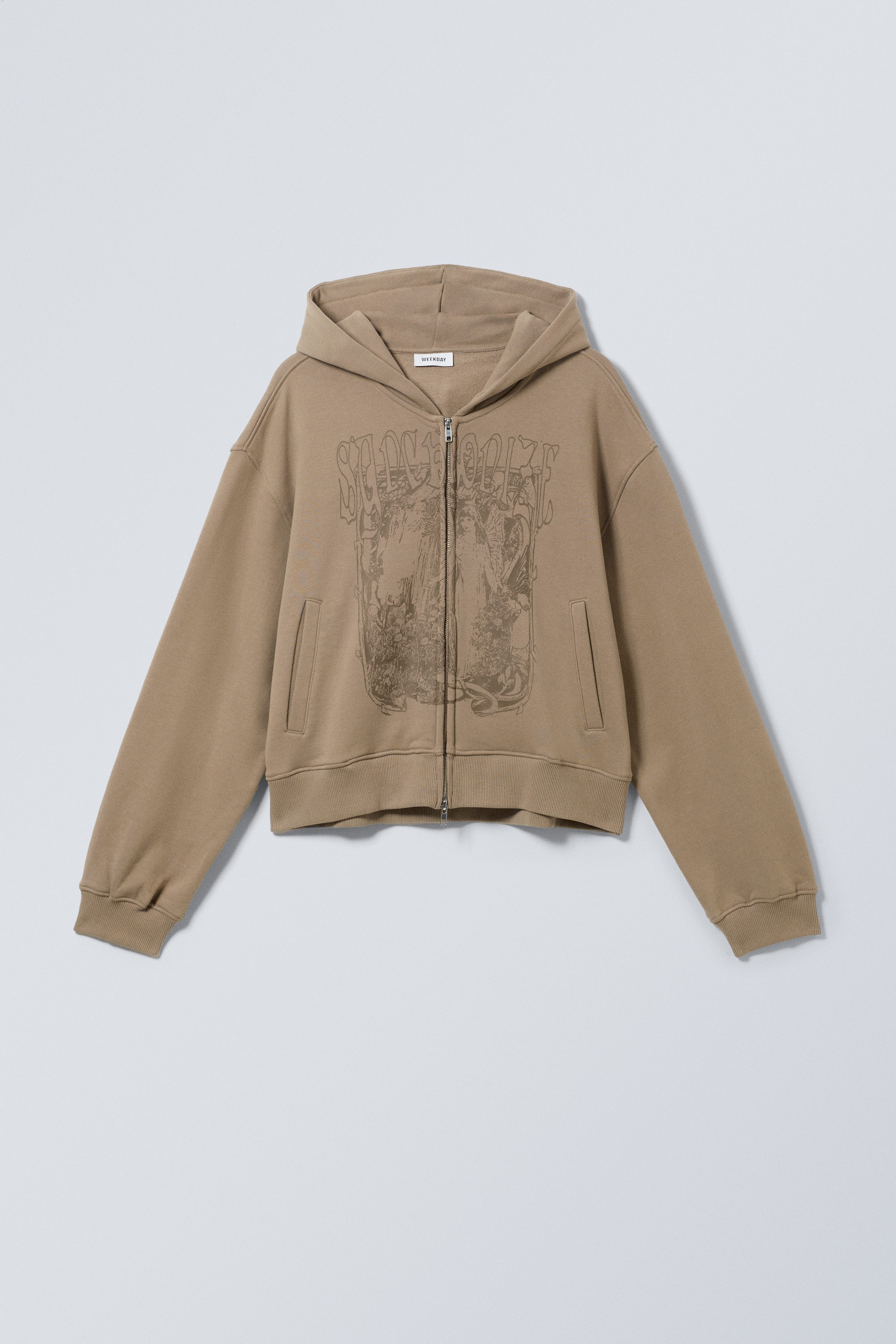 Dunkelbeige - Schwerer Zip-Hoodie mit Print im Boxy-Fit - 0