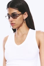 Greige - Grey Lenses - Thin Oval Frame Sunglasses - 1