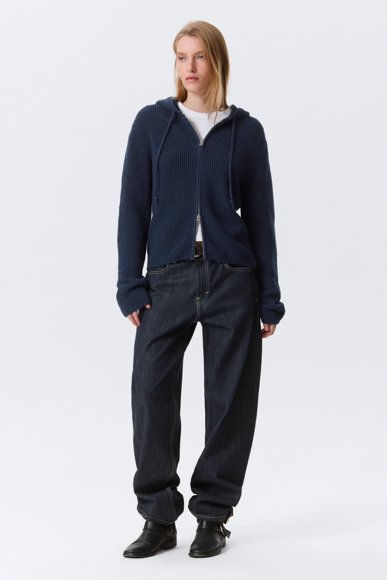 Sweat rayé en maille Slim Fit zippé - Bleu marine foncé/Rayures noir et blanc - 6