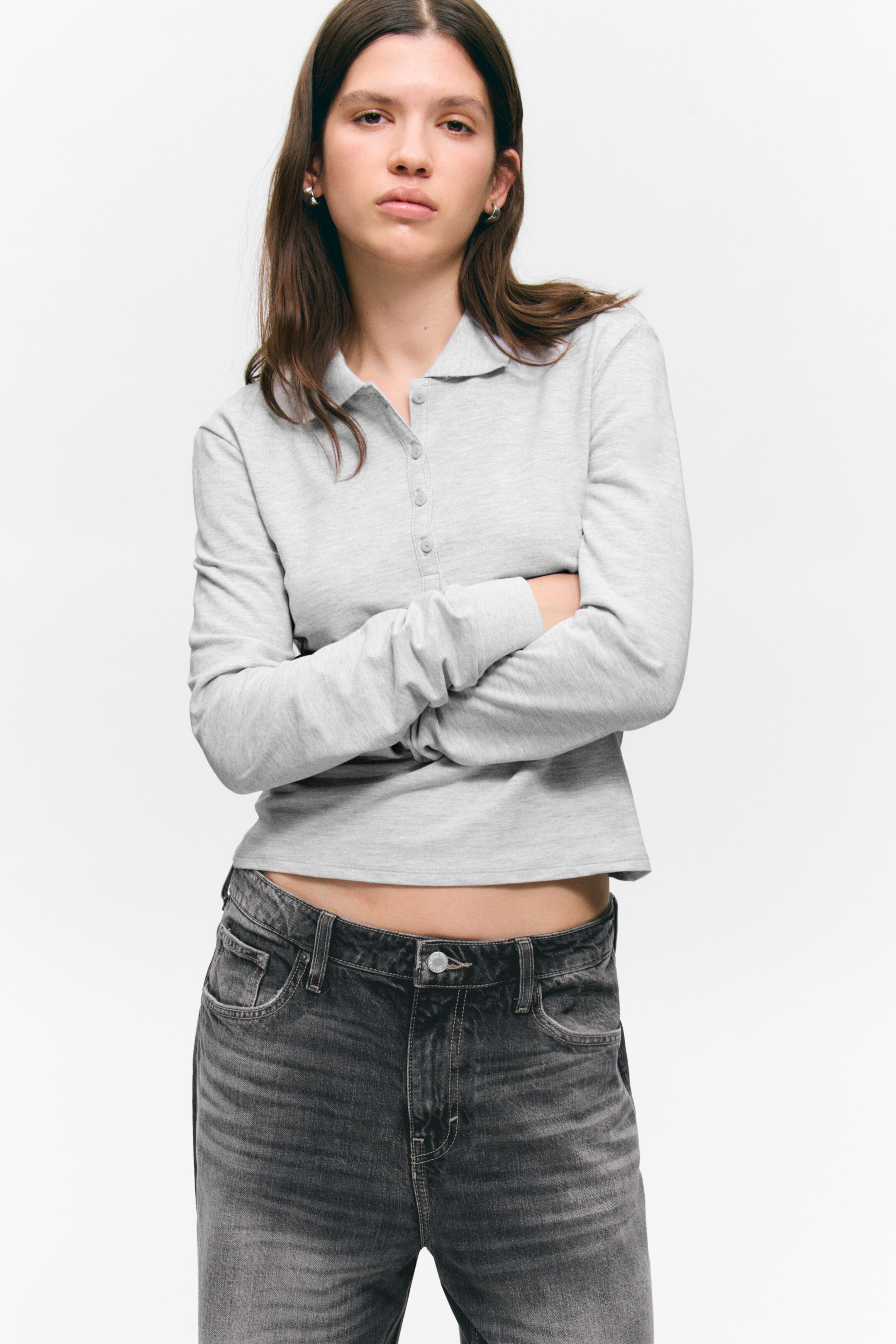 Größeres Bild anzeigen: Langärmeliges Poloshirt - Hellgrau meliert - Ladies | H&M AT 1