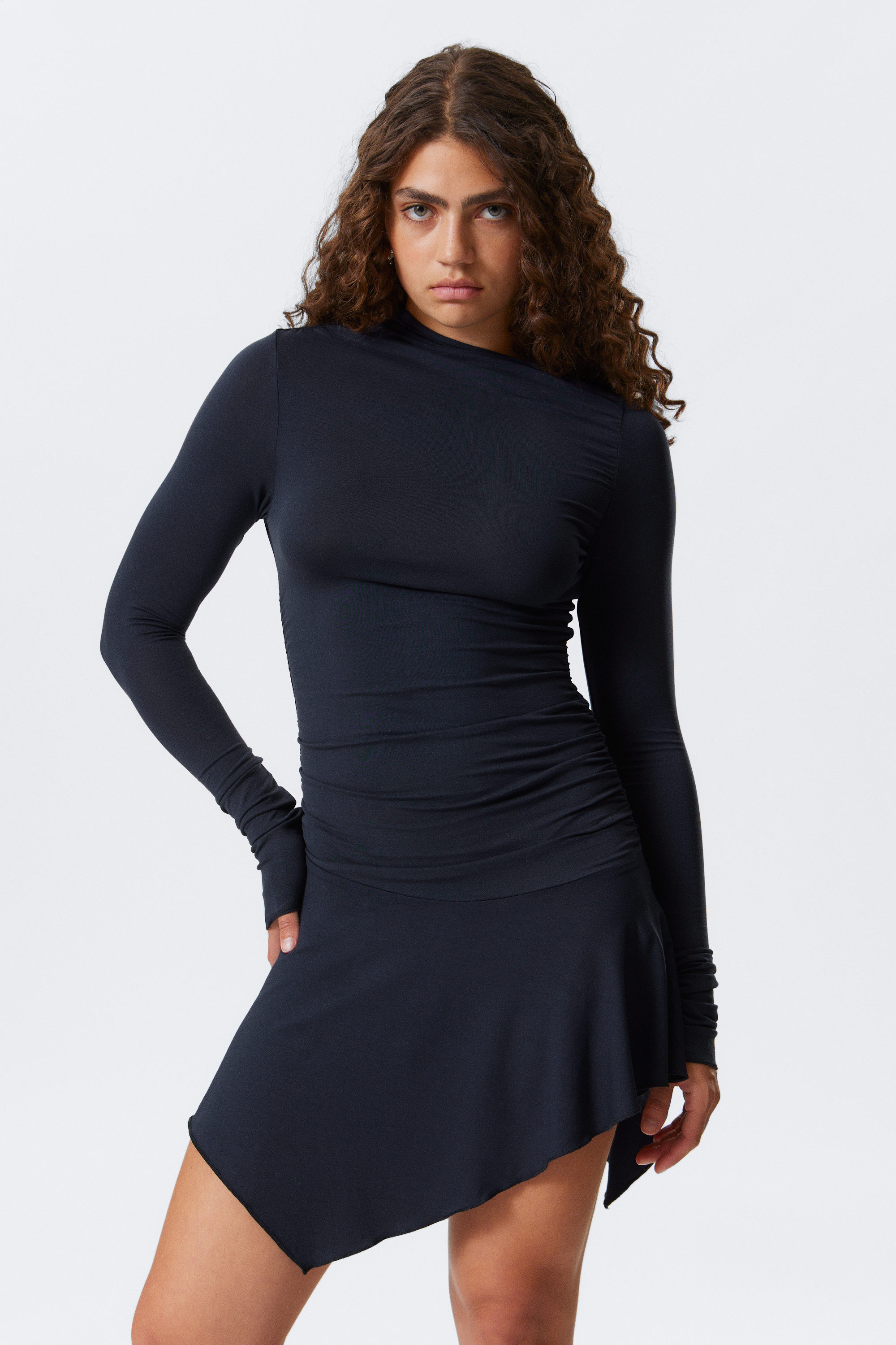 Dark Blue - Asymmetric Draped Mini Dress - 2