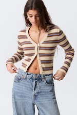 Randig Brun - Kort stickad v-ringad cardigan - 0