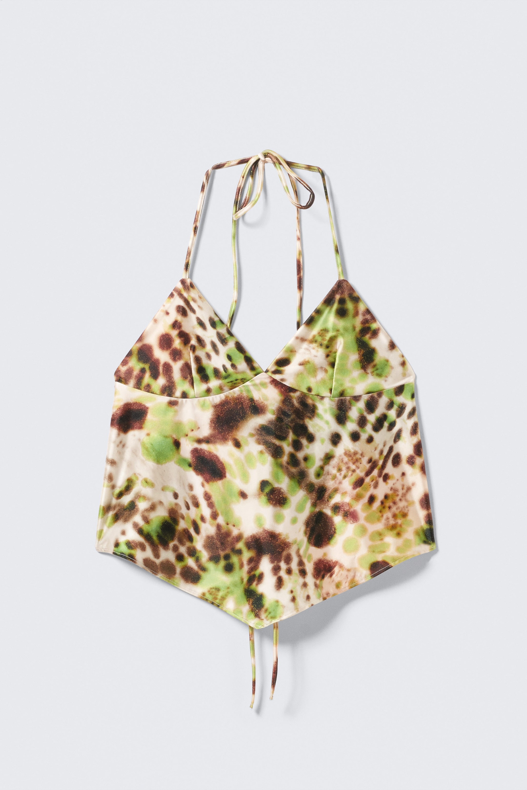 Bruine en groene stippen met bloemen - Korte haltertop met print - 1