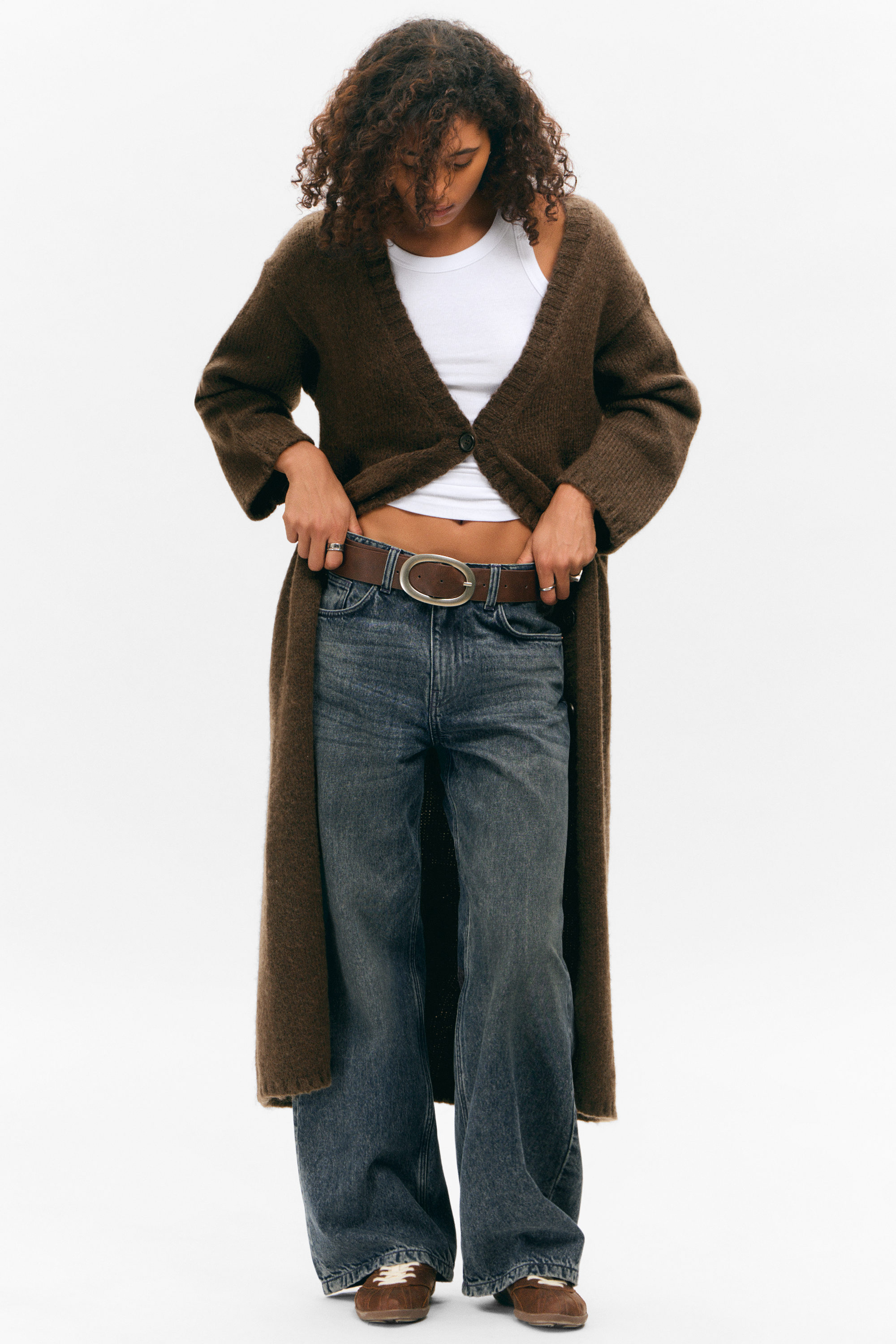 Marron foncé - Cardigan long en maille à col en V - 2