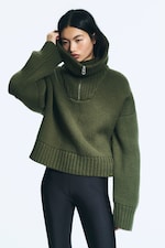 Khaki Green - Knitted Funnel Neck Dual Zip Sweater - 0