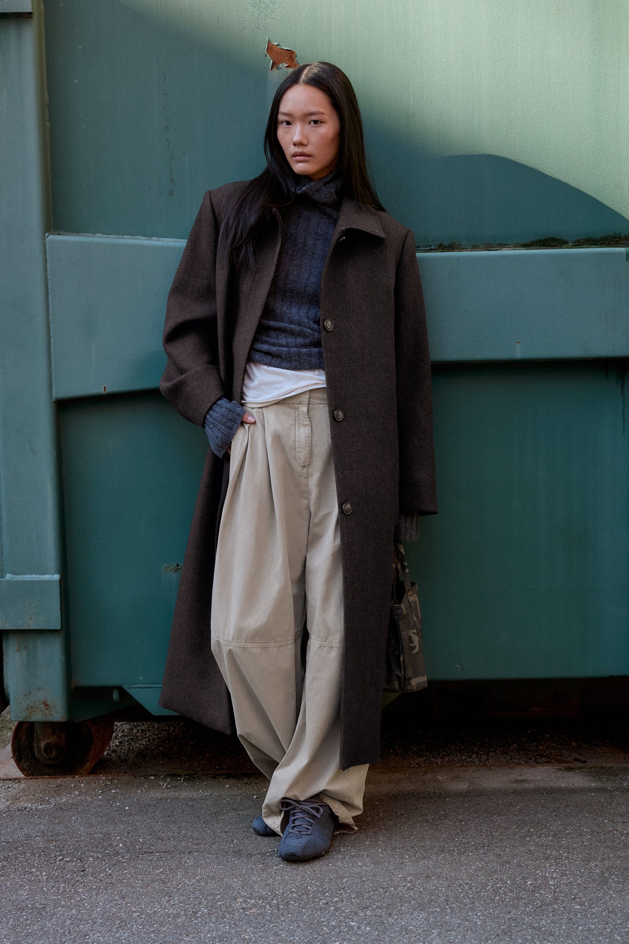 Dark Brown Herringbone - Wool-Blend Oversized Single-Breasted Coat - 2