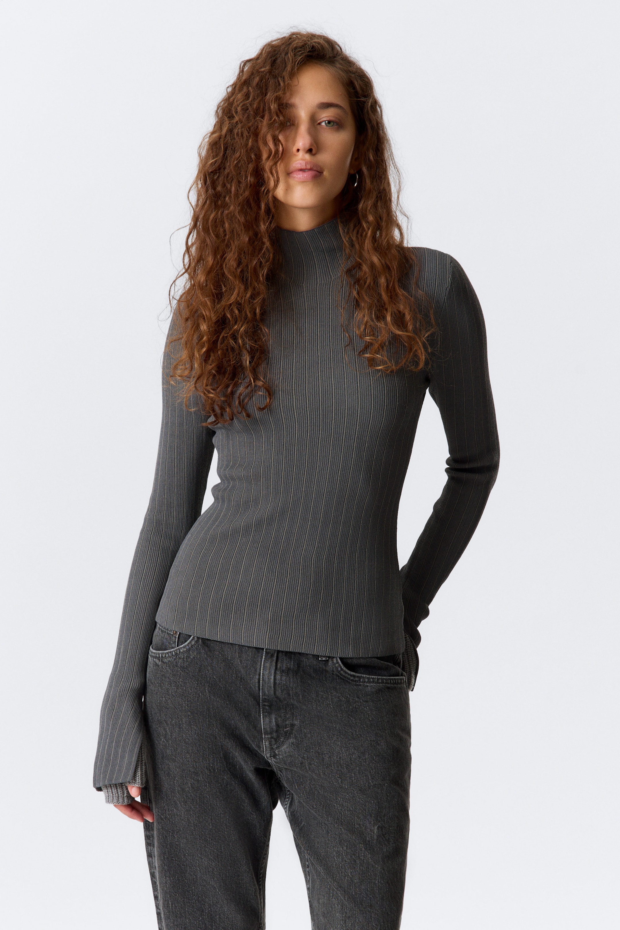 Striped Dark Grey Melange - Ribbed Fitted Turtleneck - 1