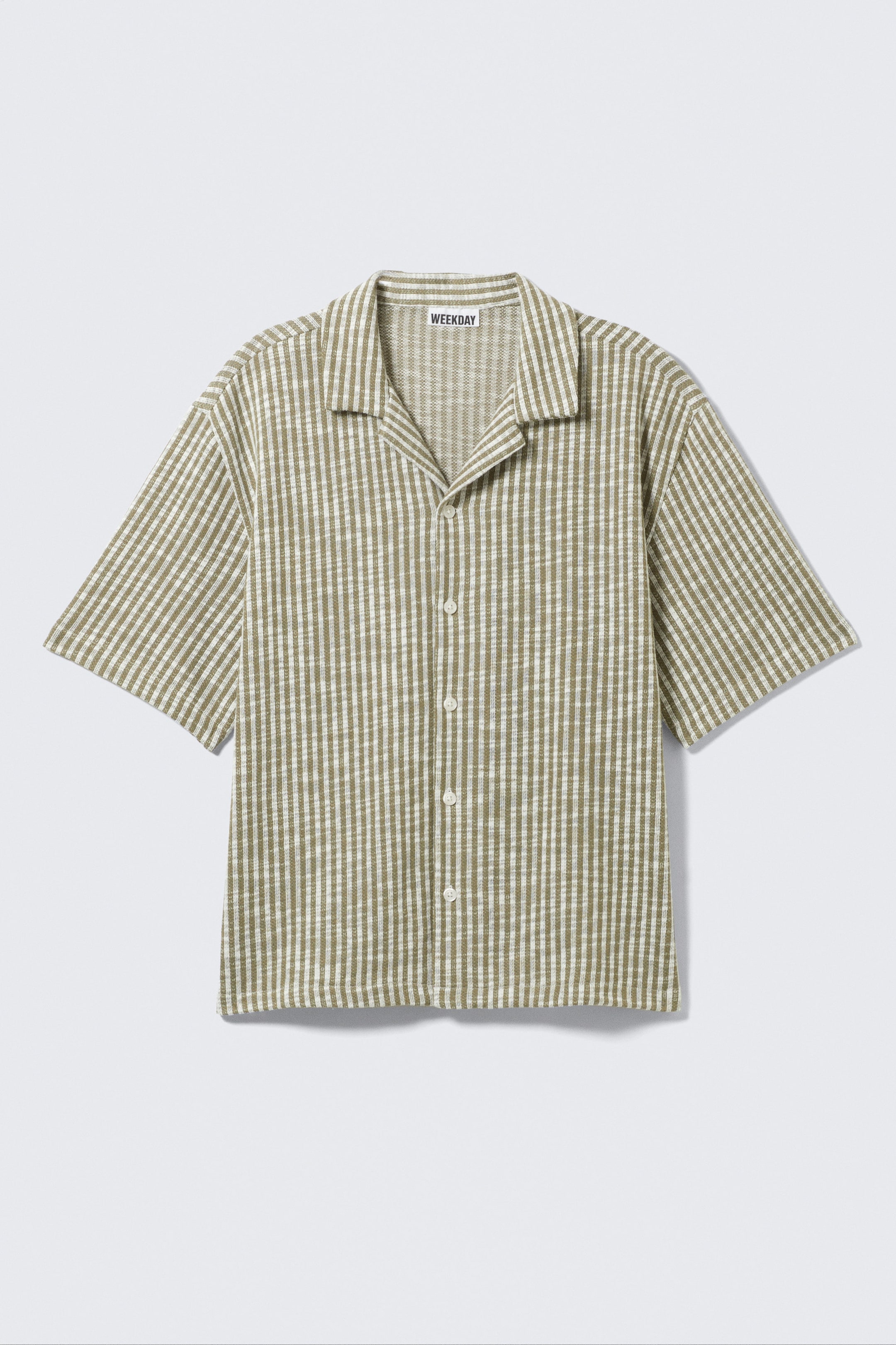 Khaki Green & White Stripes - Textured Short-Sleeved Resort Shirt - 0