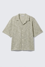 Khaki Green & White Stripes - Textured Short-Sleeved Resort Shirt - 0