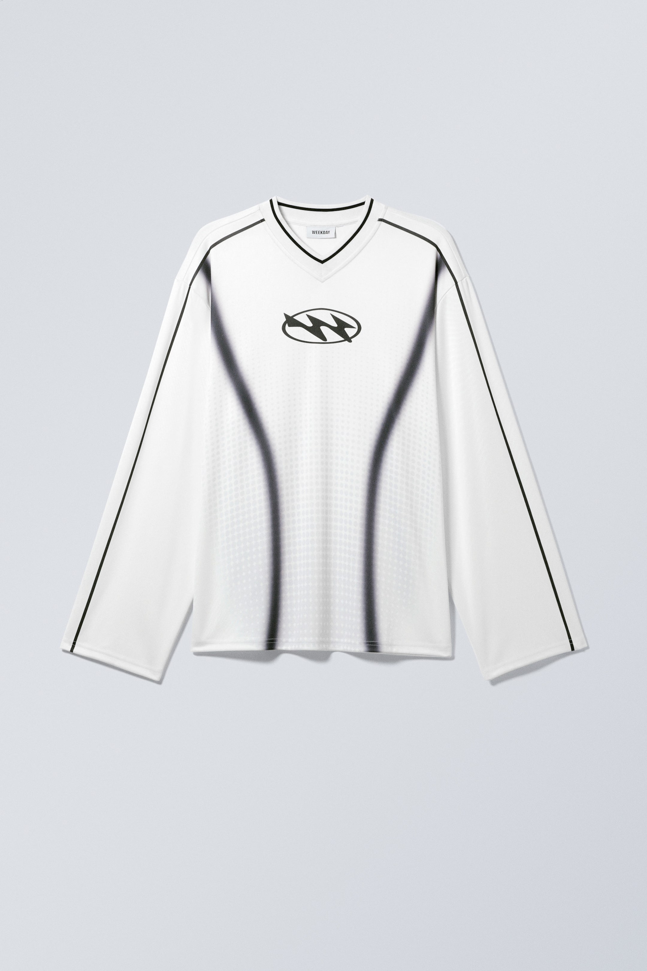 Printed White - Oversized Long Sleeve V-neck T-shirt - 0