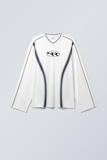 Printed White - Oversized Long Sleeve V-neck T-shirt - 0