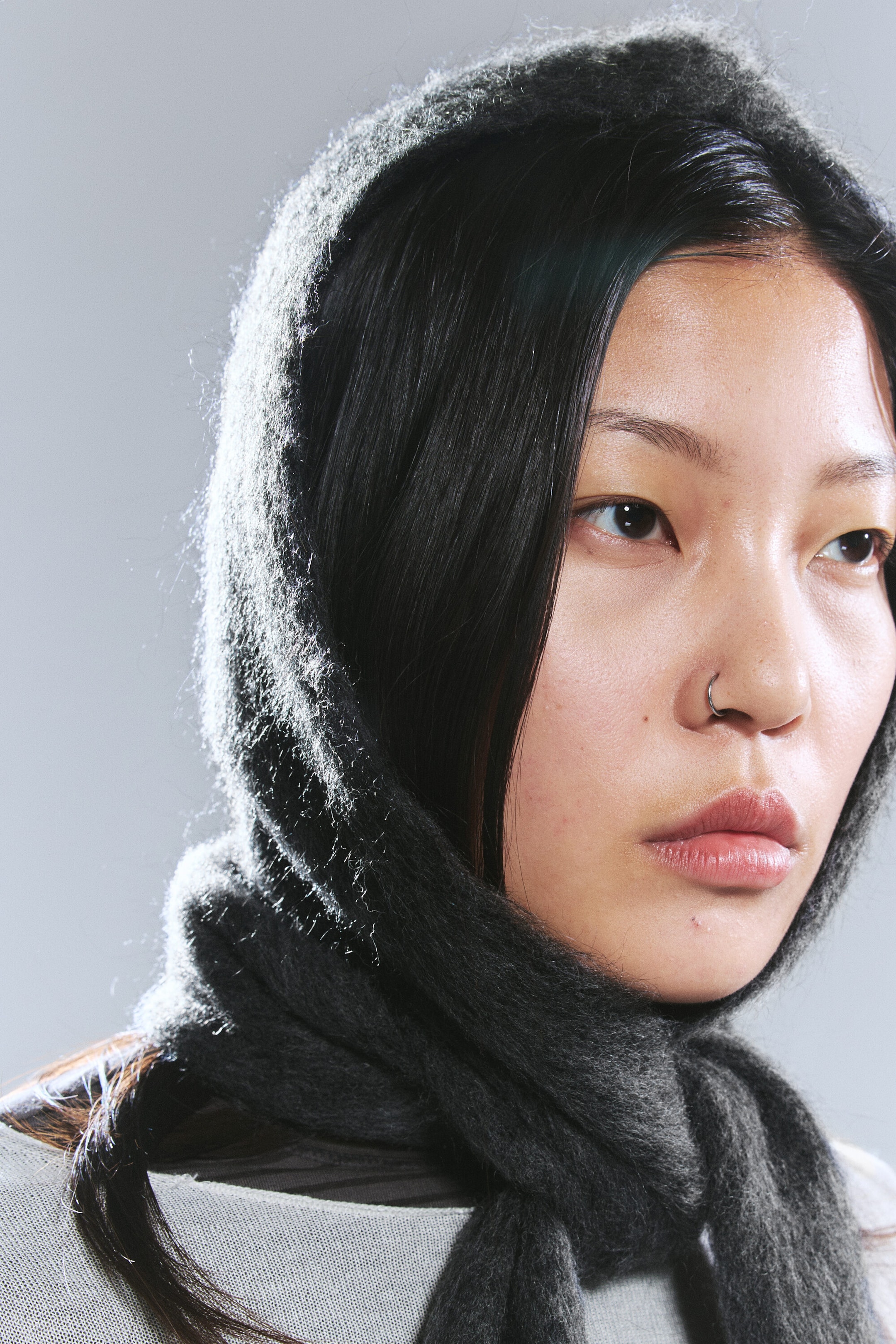 Dark Grey Melange - Mohair-Blend Hooded Scarf - 1