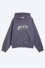 Dunkelviolett - Weiter Hoodie mit Reißverschluss und Print - 4