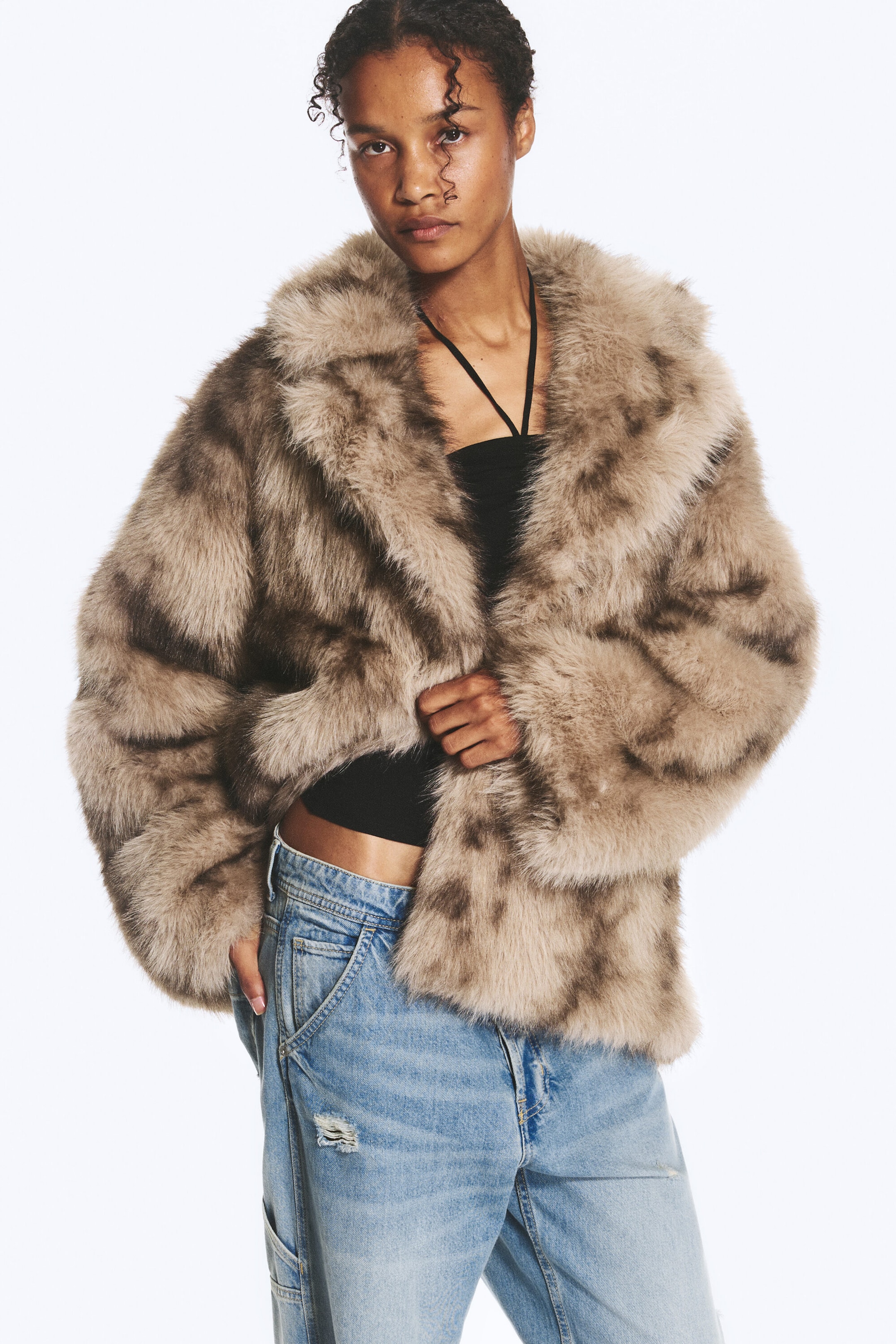 Beige/Brown Leopard Pattern - Faux Fur Jacket - 2