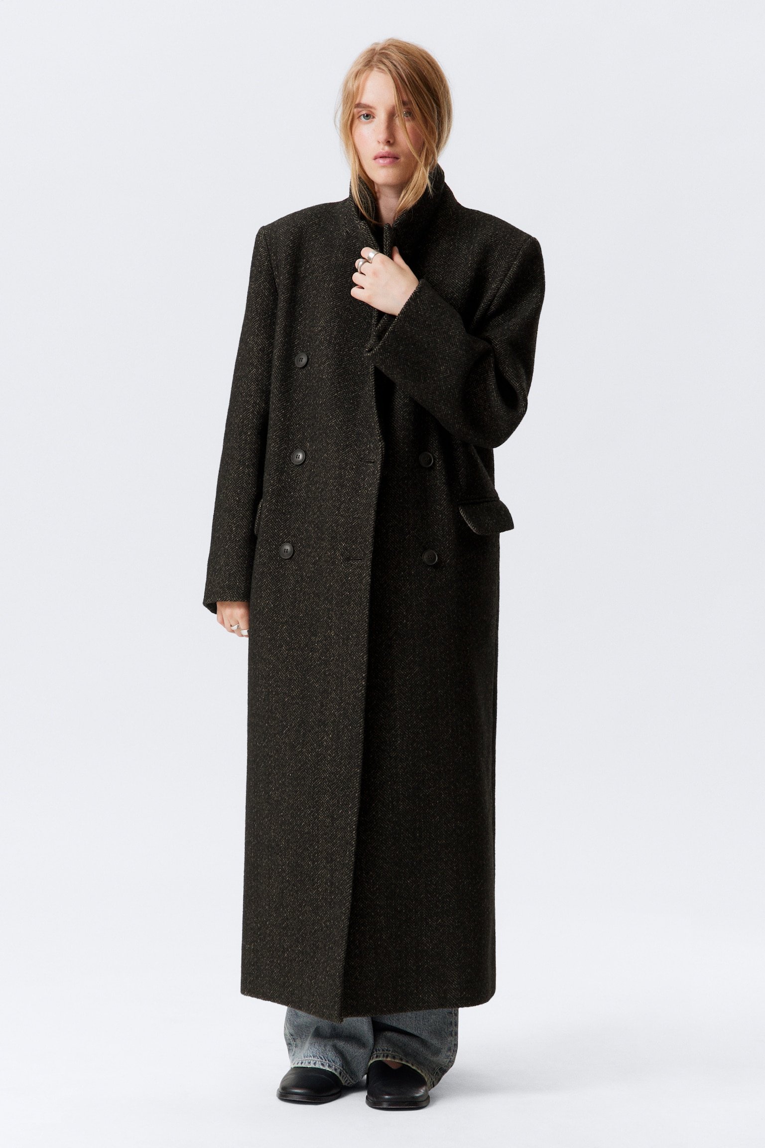 Oversized Double-Breasted Wool-Blend Coat - Dark Brown/Black/Dark Grey - 3