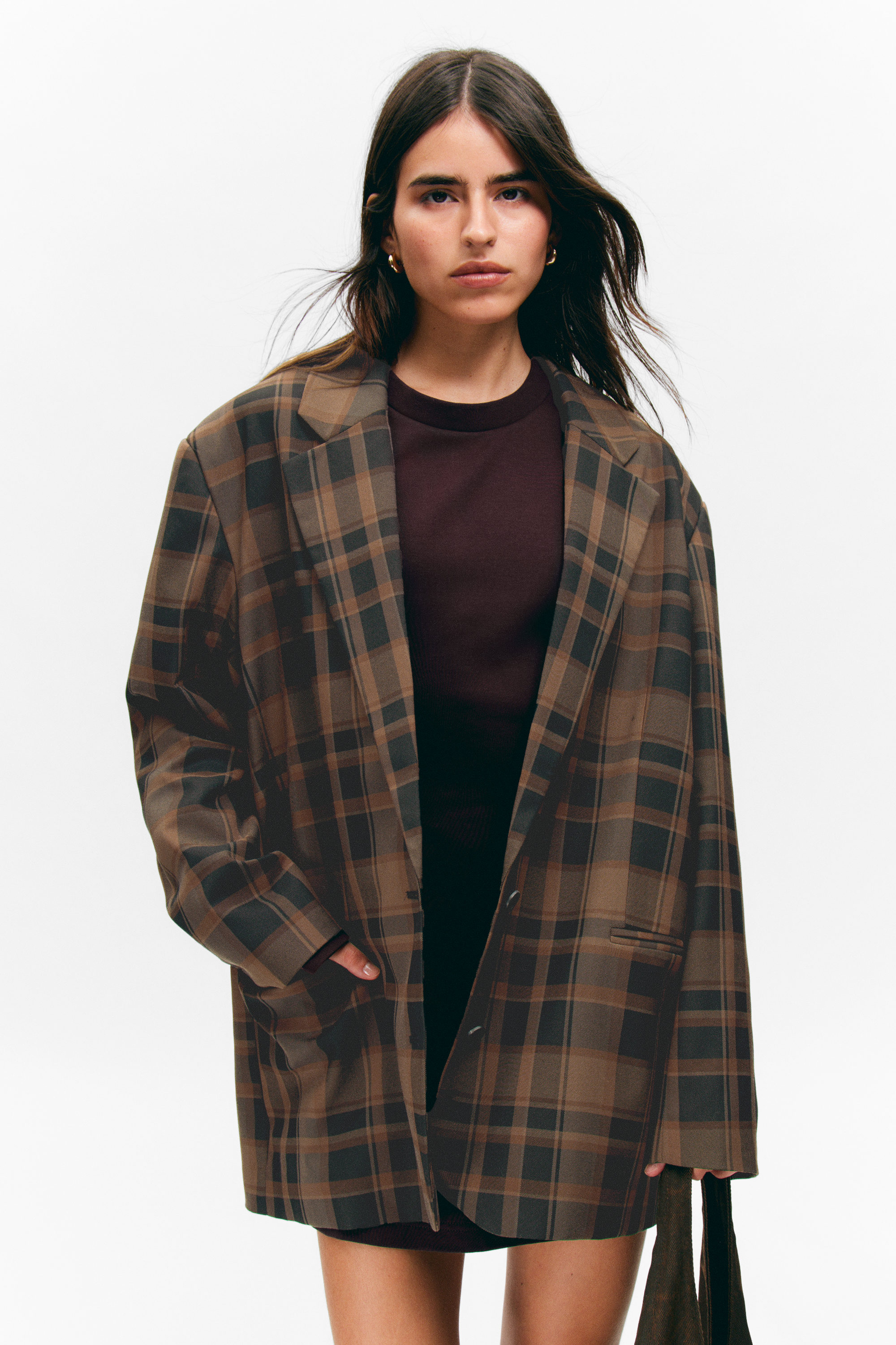 Dunkelbraun kariert - Einreihiger Oversize-Blazer mit Karomuster - 2