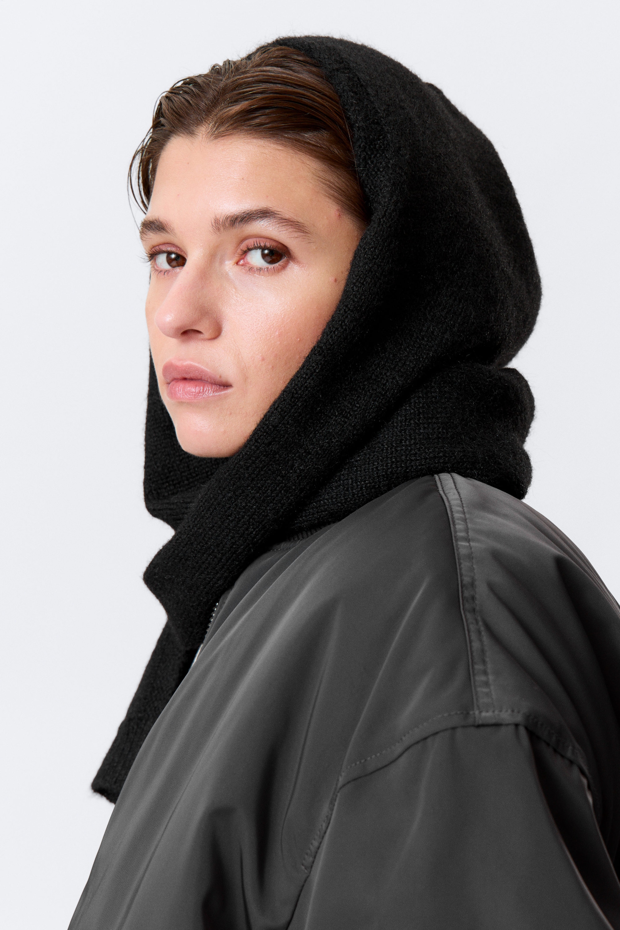 Black - Knitted Tie Hood Scarf - 1