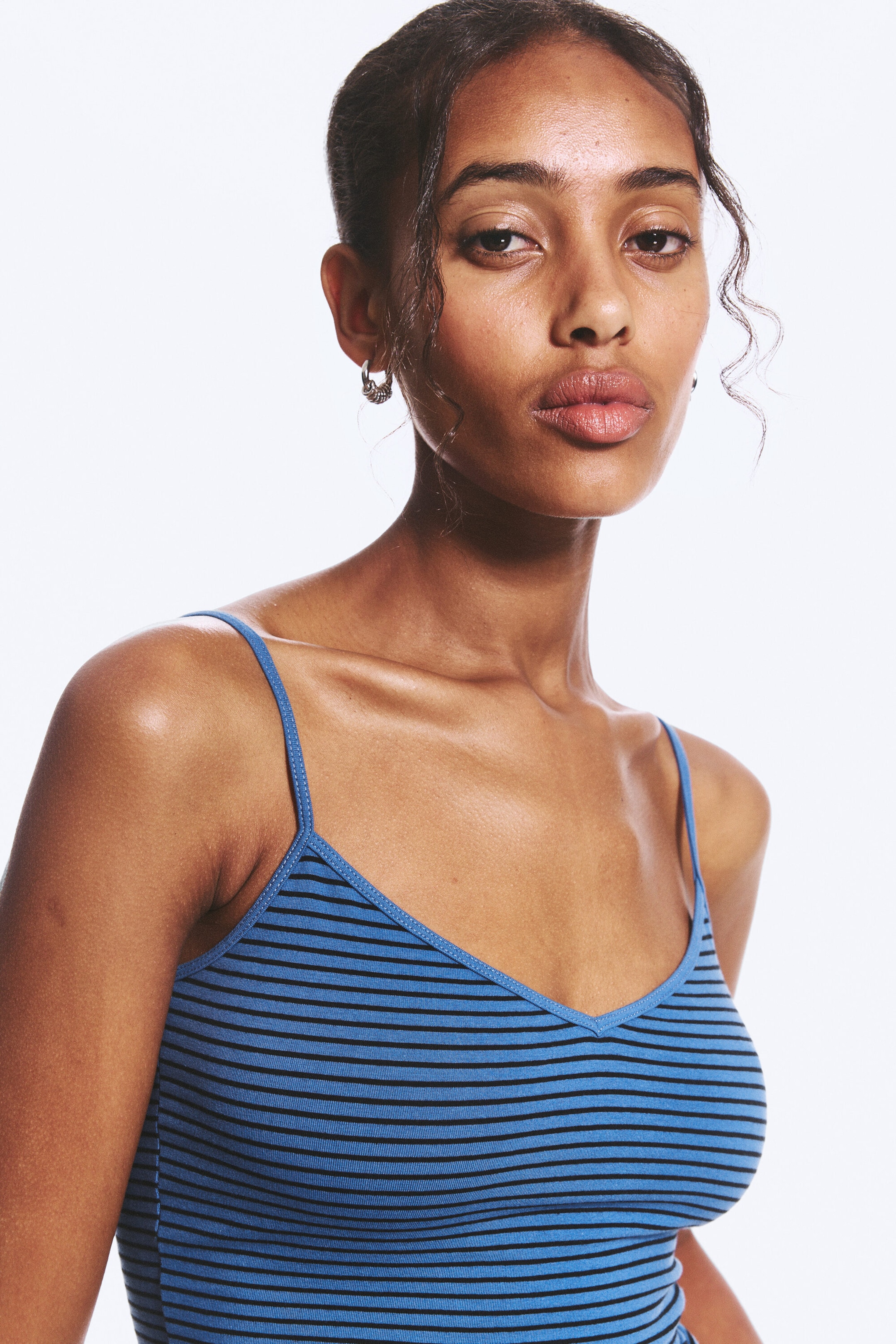 Striped Blue/Black - Slim V-neck Cotton Singlet - 2