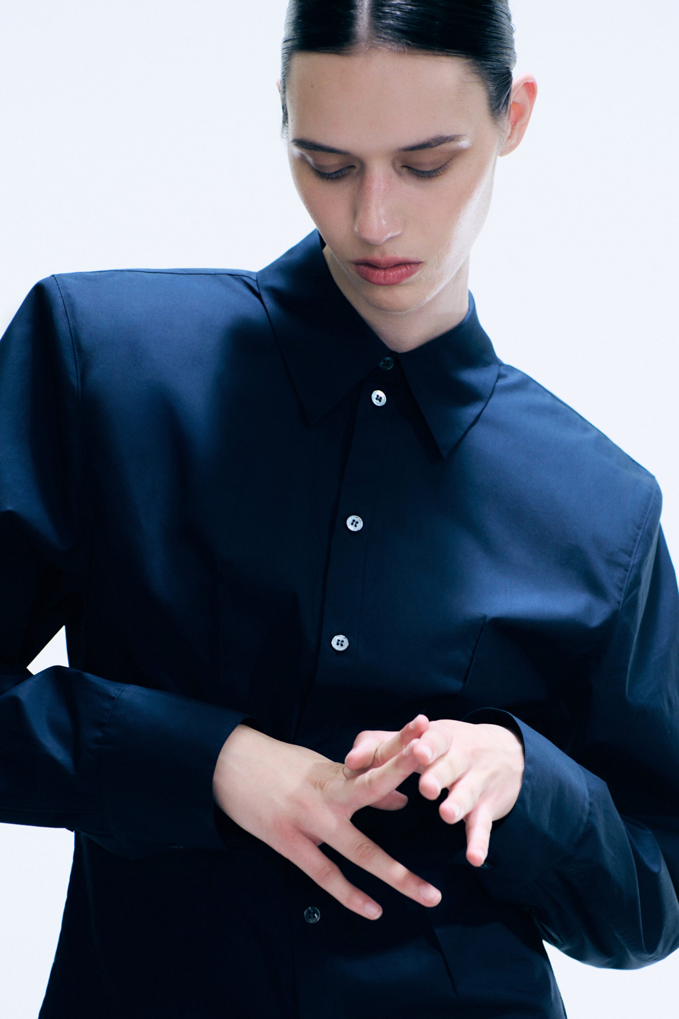 Dark Navy Blue - Waisted Cotton Shirt - 2