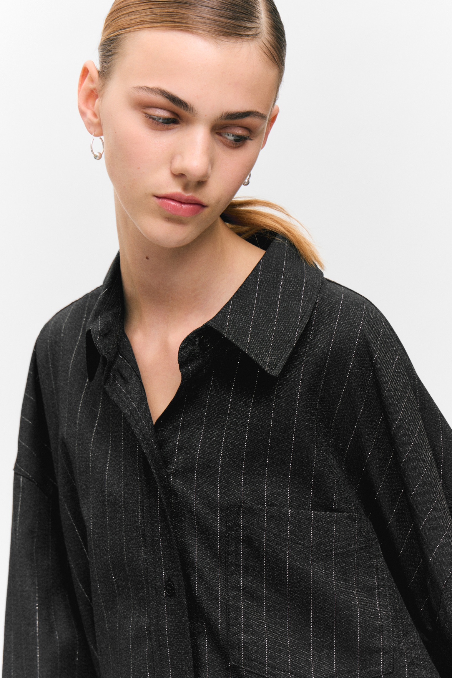 Oversized Button-up Shirt - Dark Grey - Metallic Stripes - 6