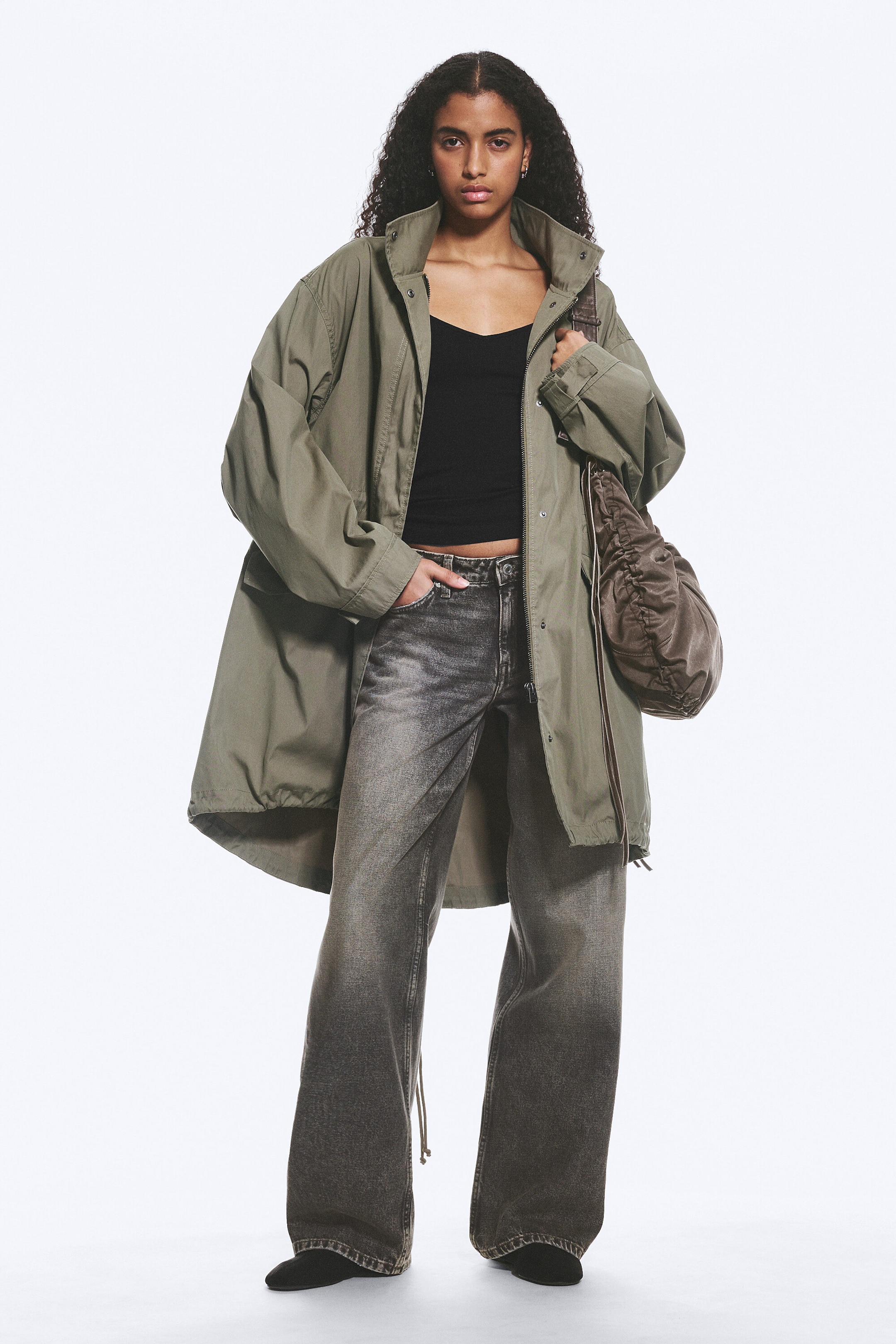 Khaki Green - Oversized Funnel-Neck Canvas Parka - 1