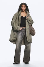 Khaki Green - Oversized Funnel-Neck Canvas Parka - 0